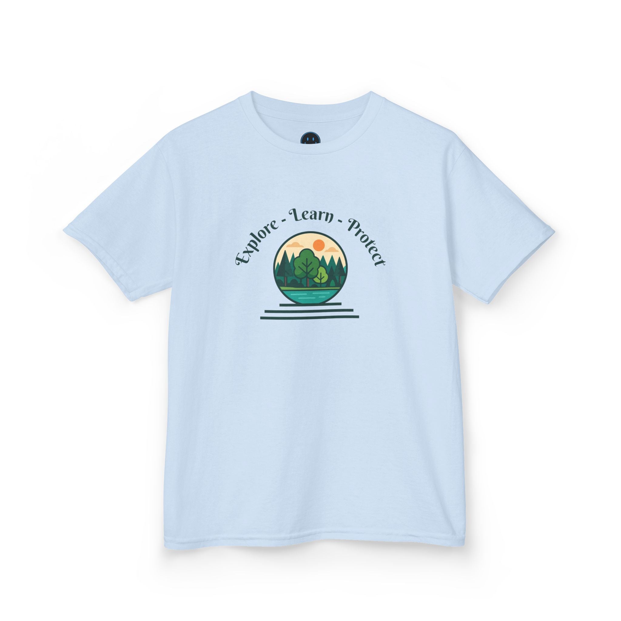 Explore Learn Protect | Kids Tee | Mountain Globe, Find Your Path Smiley