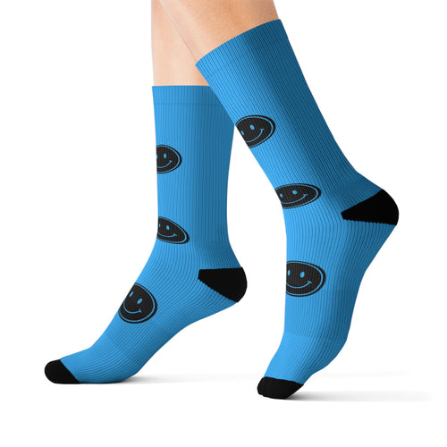 Black Smiley Face Pattern Socks | Blue Sublimation Socks