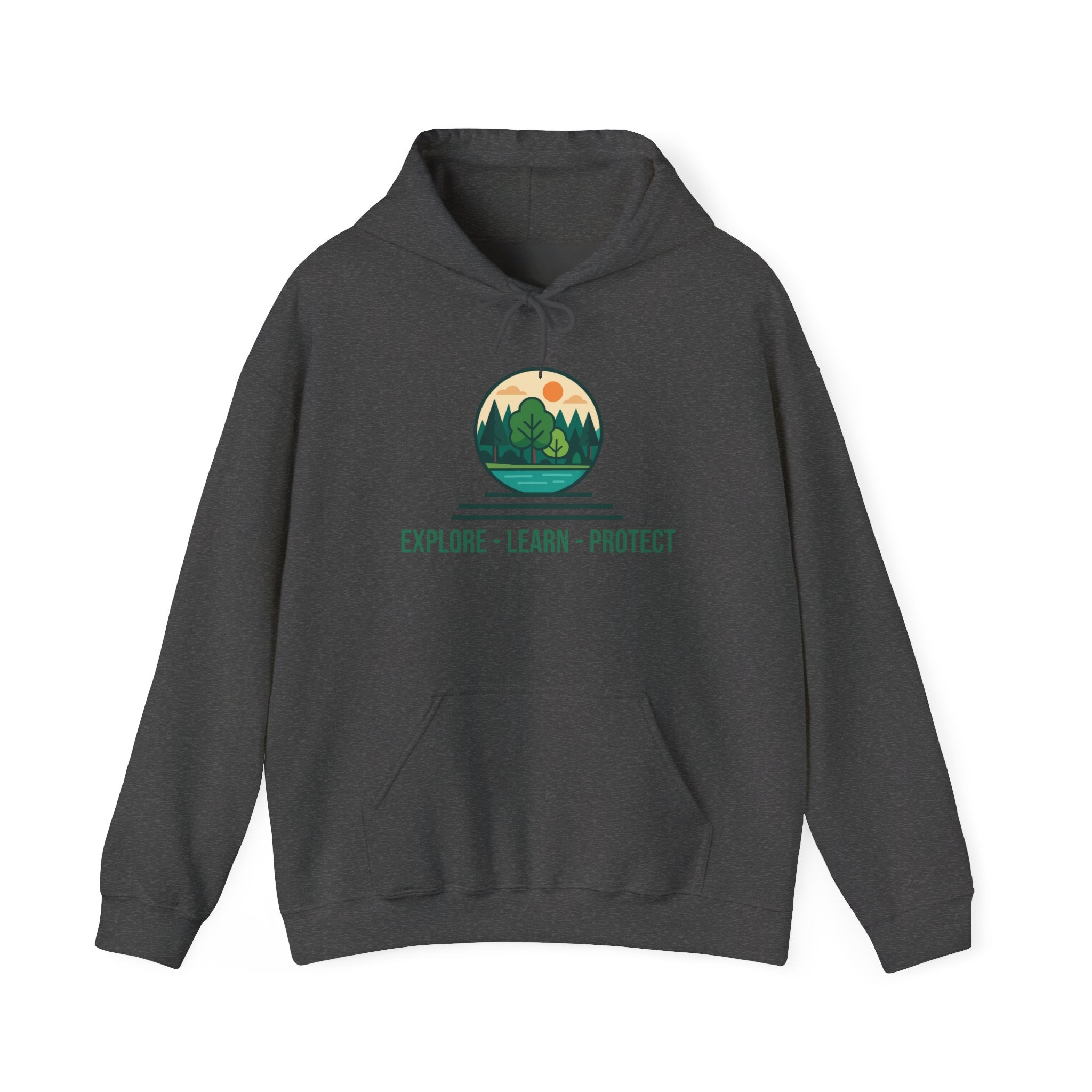 Explore Learn Protect hoodie | Mountain Nature Badge, Find Your Path back print
