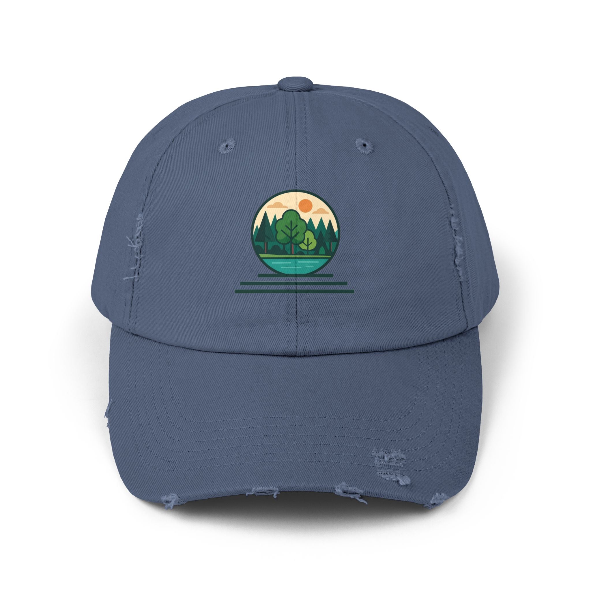 Mountain Forest Globe Cap | Distressed Hat, Nature Scenic Embroidery