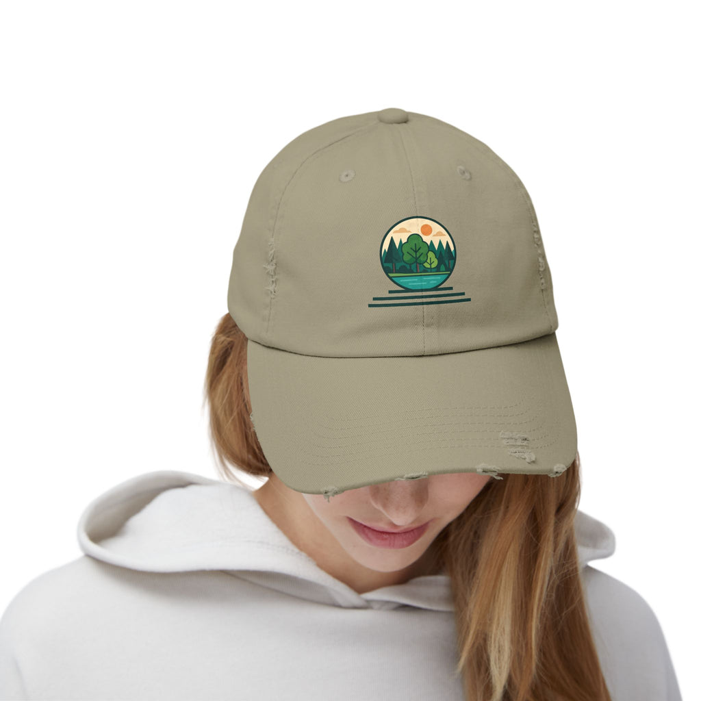 Mountain Forest Globe Cap | Distressed Hat, Nature Scenic Embroidery