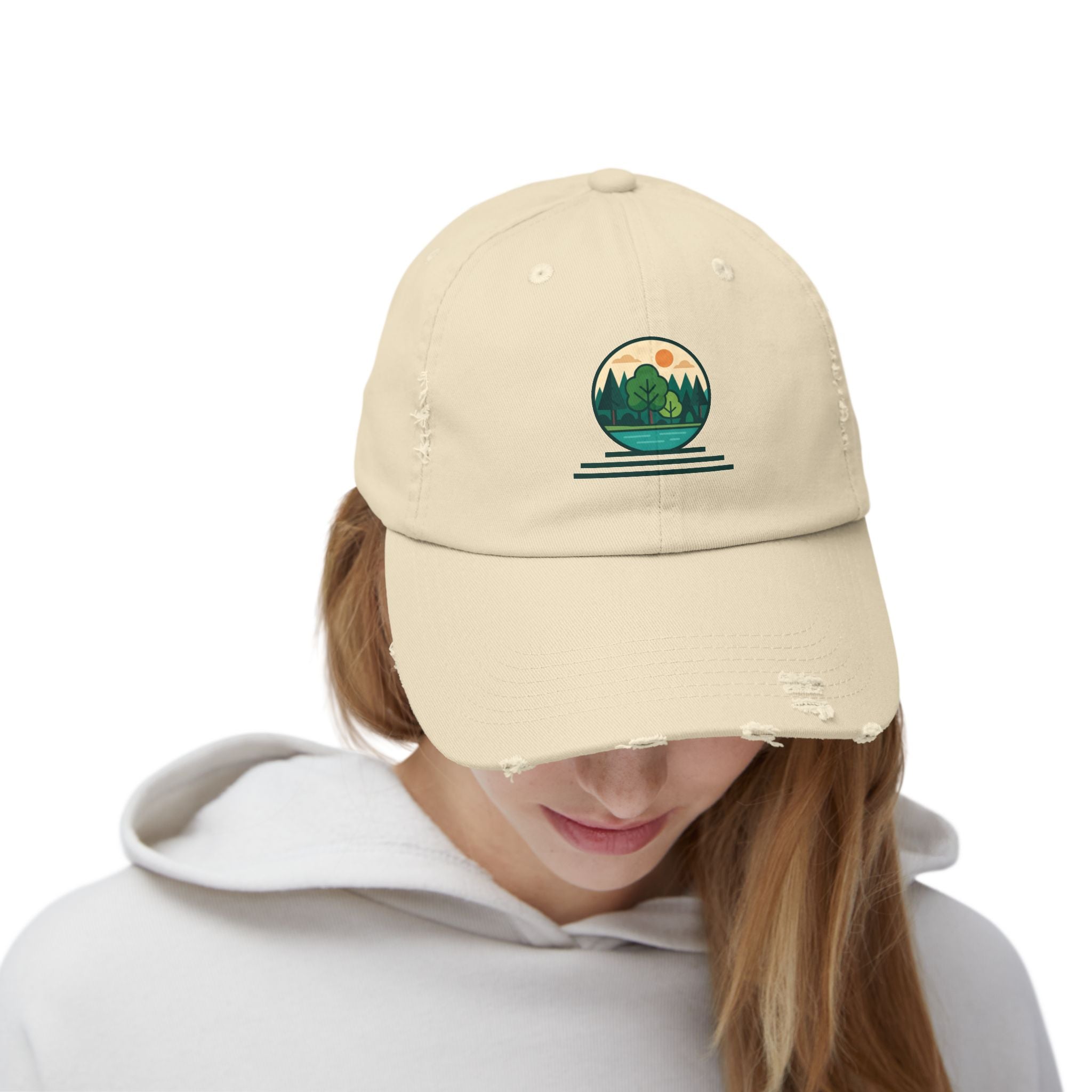 Mountain Forest Globe Cap | Distressed Hat, Nature Scenic Embroidery