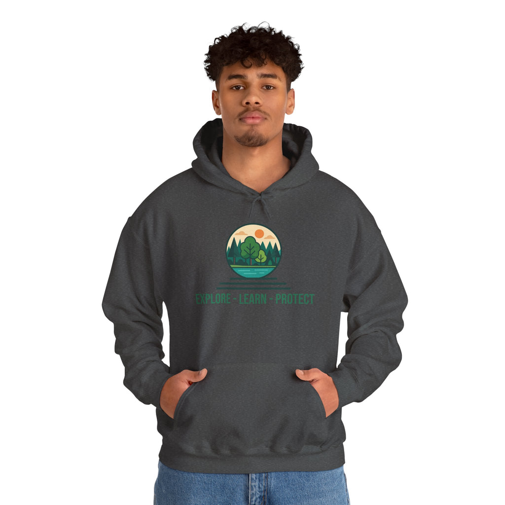 Explore Learn Protect hoodie | Mountain Nature Badge, Find Your Path back print