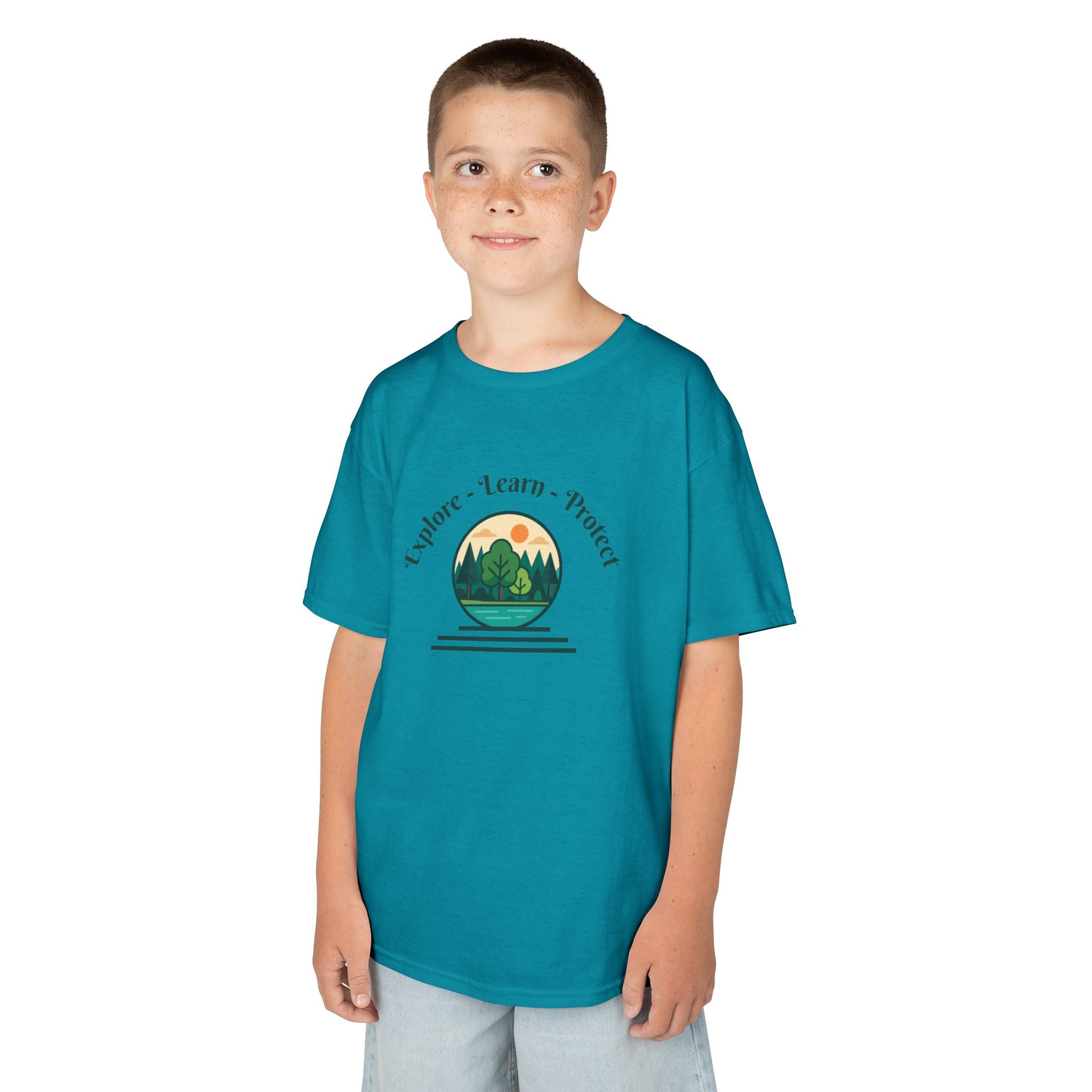 Explore Learn Protect | Kids Tee | Mountain Globe, Find Your Path Smiley