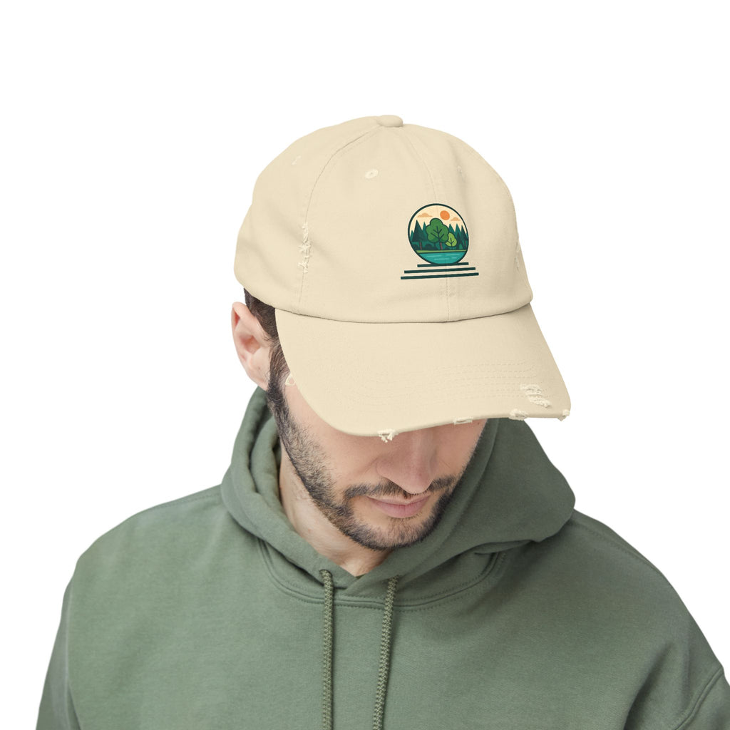 Mountain Forest Globe Cap | Distressed Hat, Nature Scenic Embroidery