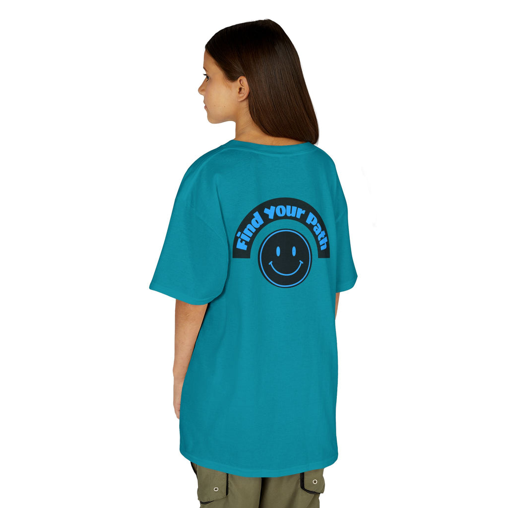 Explore Learn Protect | Kids Tee | Mountain Globe, Find Your Path Smiley
