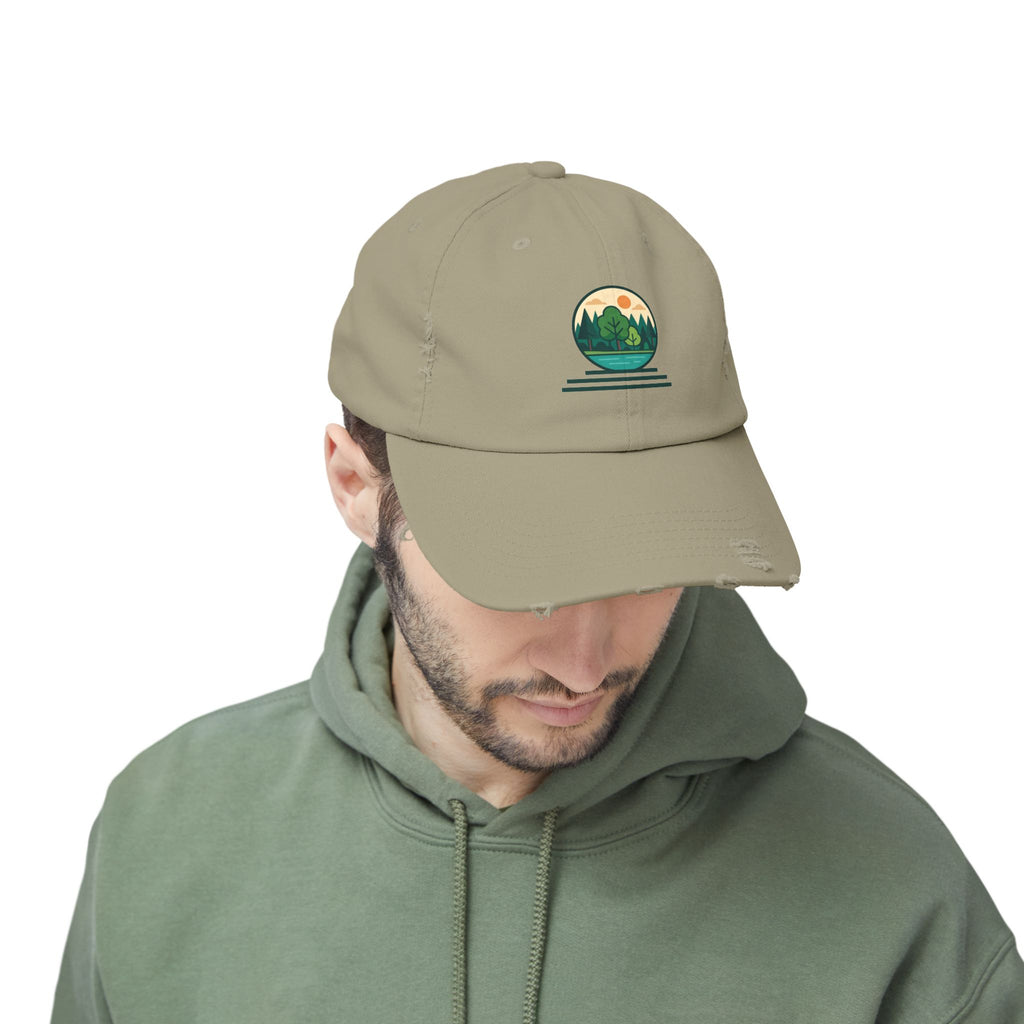 Mountain Forest Globe Cap | Distressed Hat, Nature Scenic Embroidery
