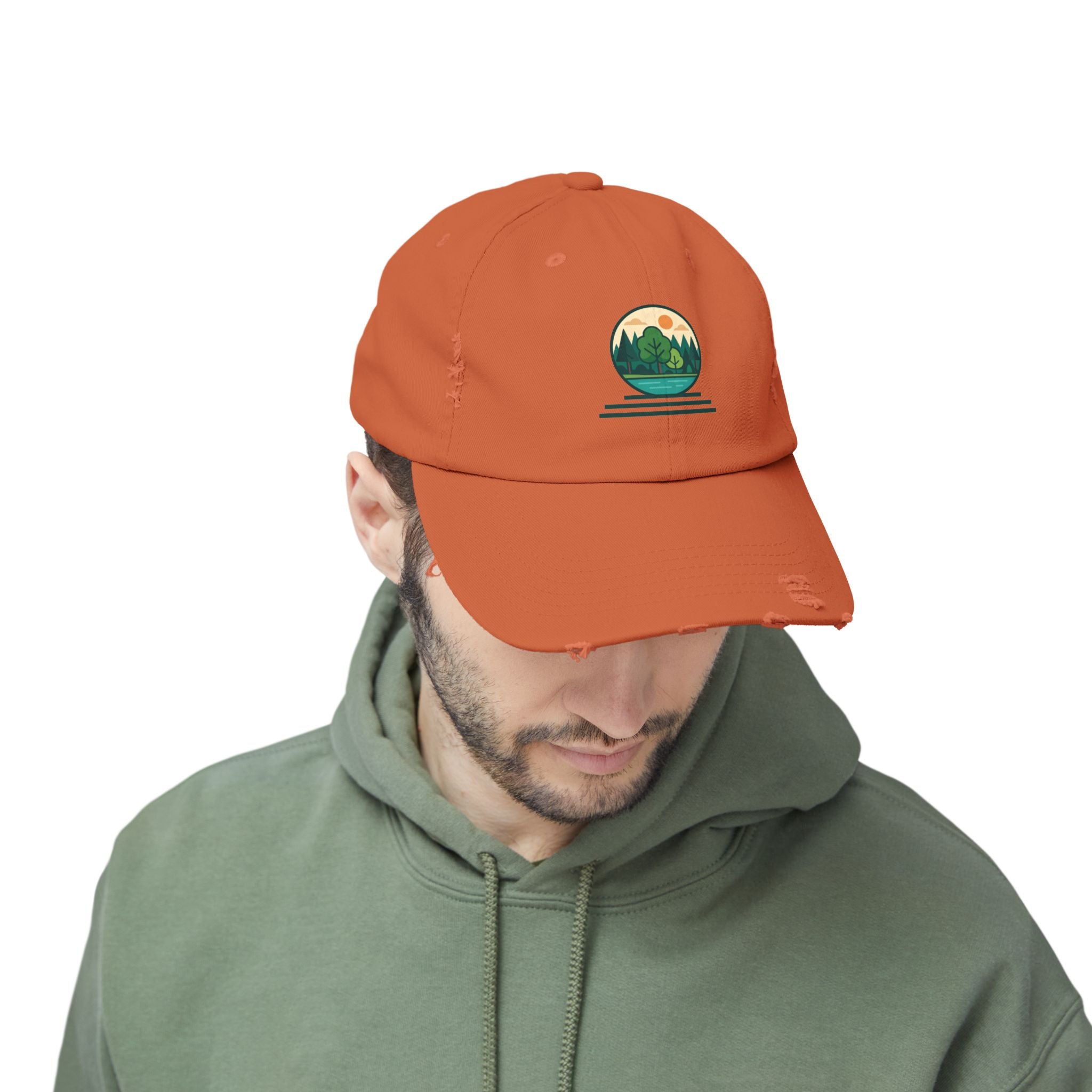 Mountain Forest Globe Cap | Distressed Hat, Nature Scenic Embroidery