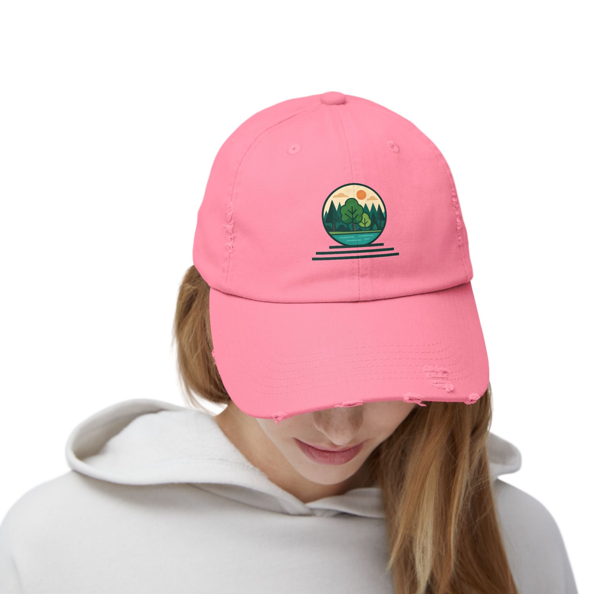 Mountain Forest Globe Cap | Distressed Hat, Nature Scenic Embroidery