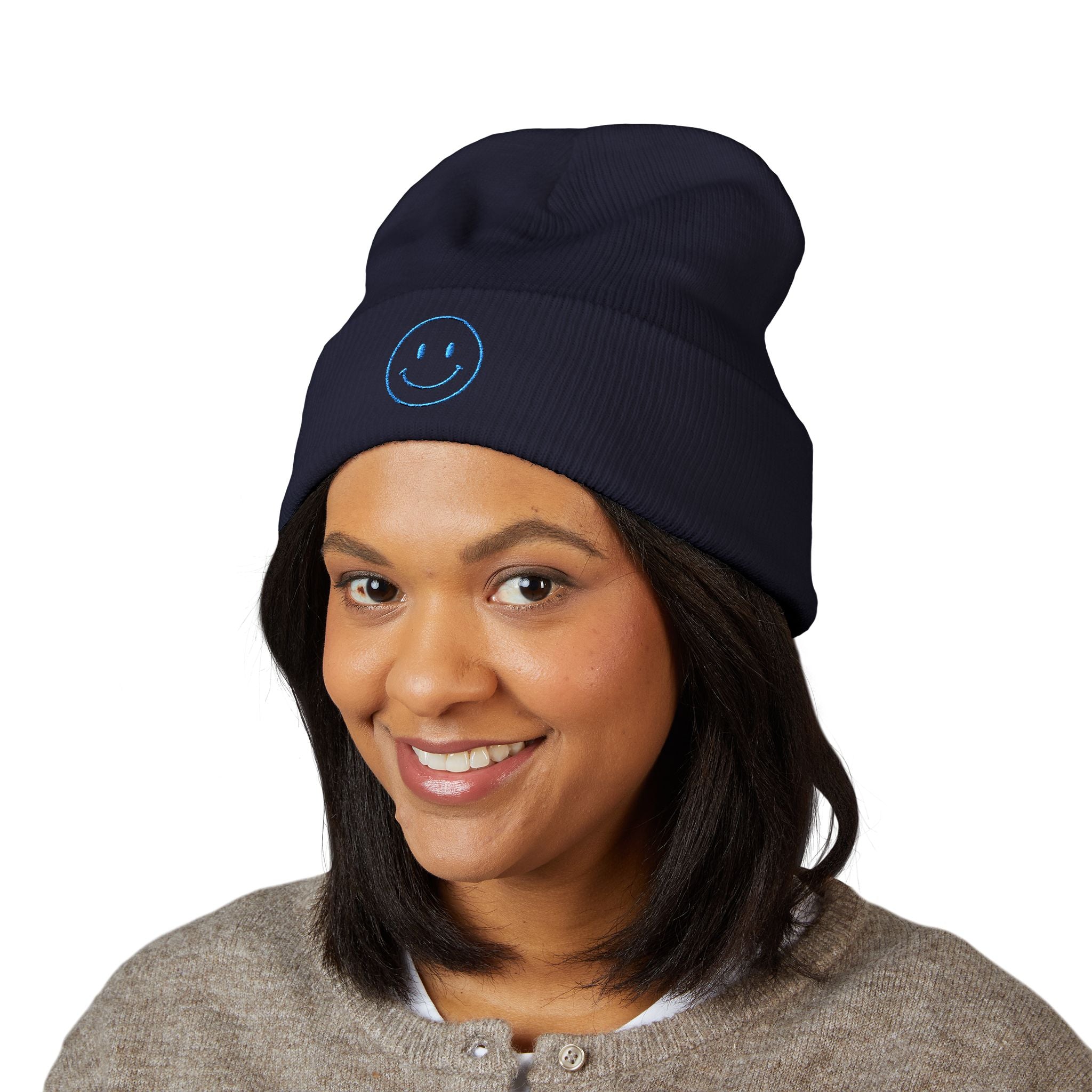 Blue Smiley Face Embroidered Beanie | Cuffed Beanie