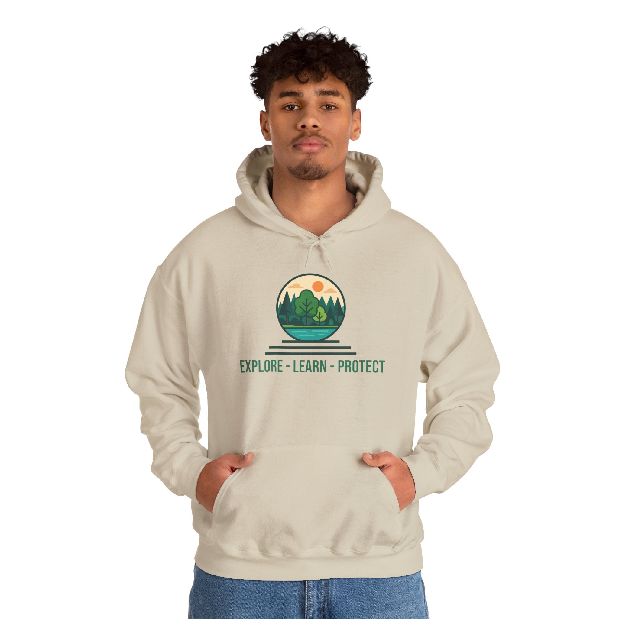Explore Learn Protect hoodie | Mountain Nature Badge, Find Your Path back print