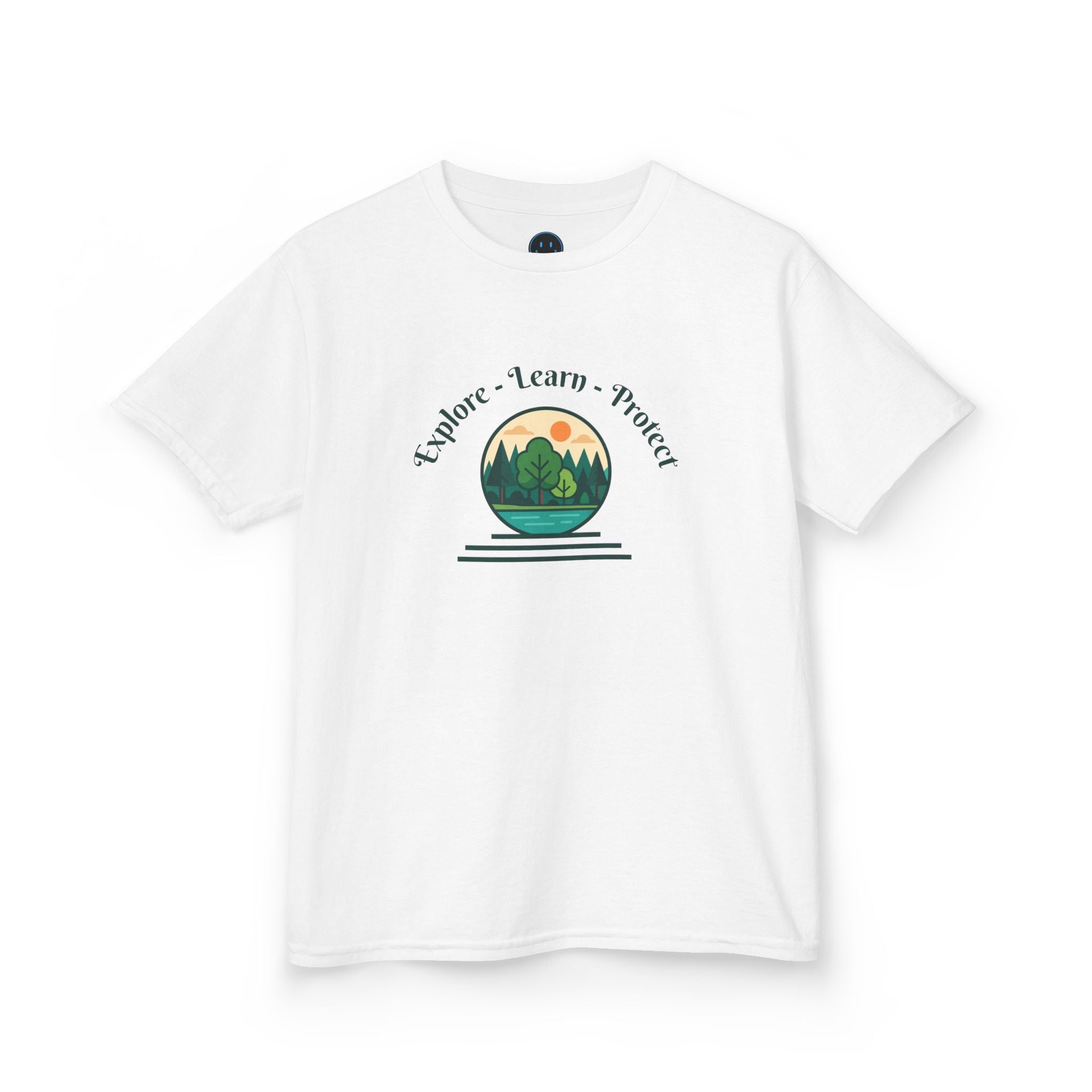 Explore Learn Protect | Kids Tee | Mountain Globe, Find Your Path Smiley