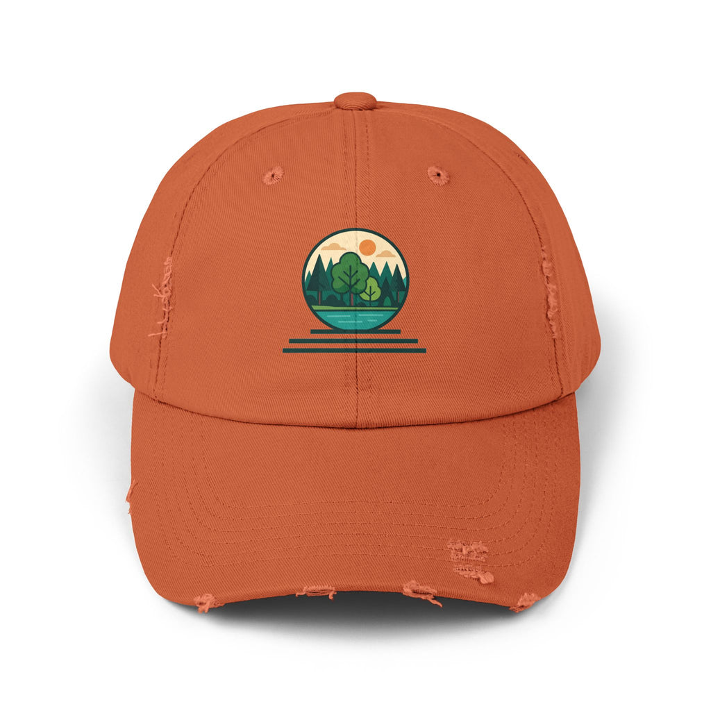 Mountain Forest Globe Cap | Distressed Hat, Nature Scenic Embroidery
