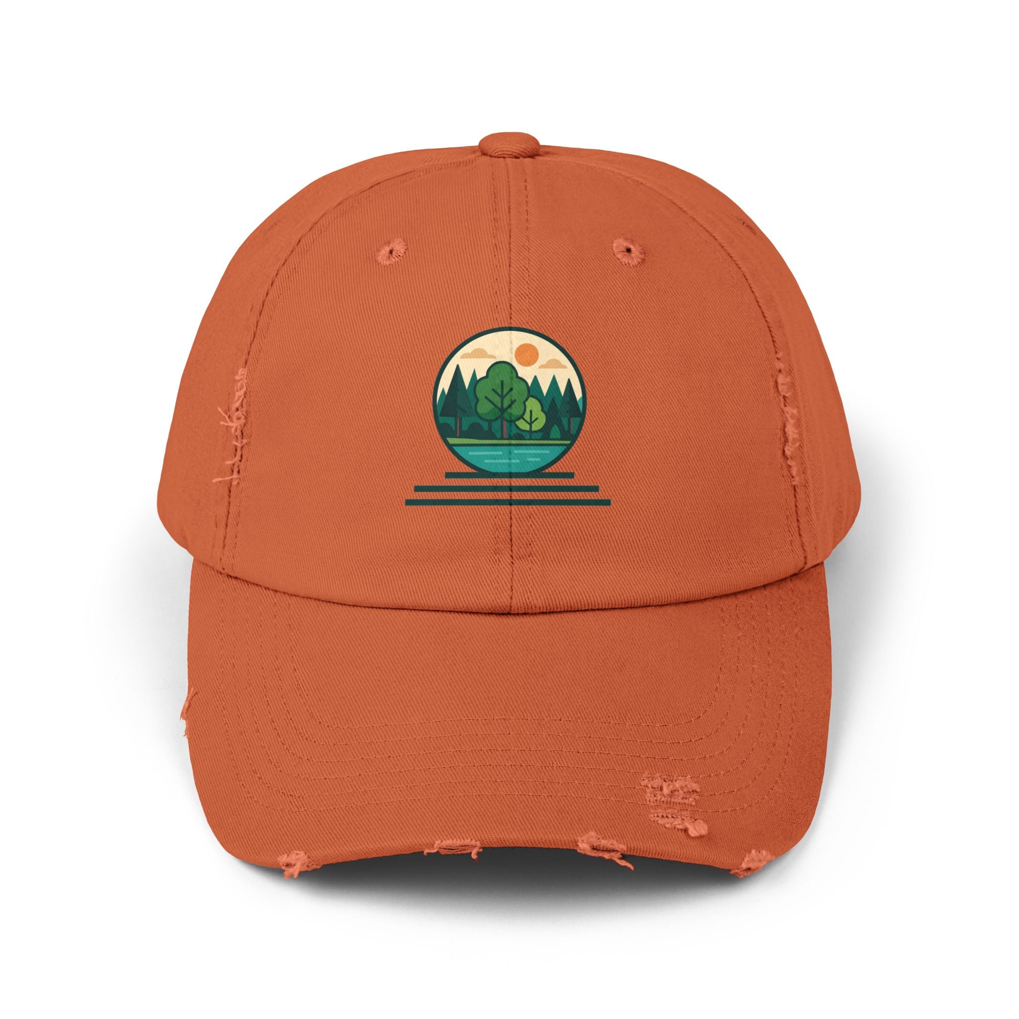 Mountain Forest Globe Cap | Distressed Hat, Nature Scenic Embroidery
