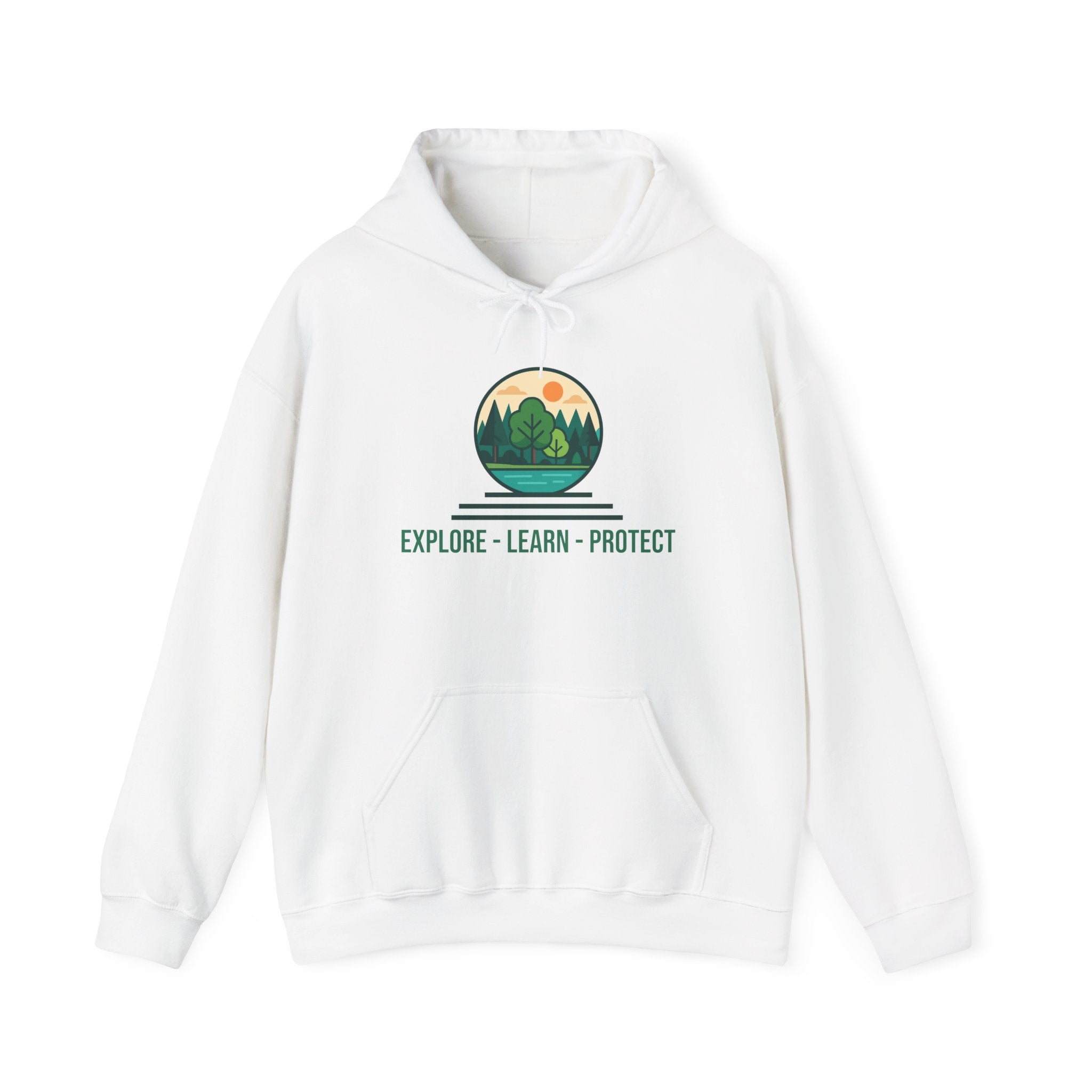 Explore Learn Protect hoodie | Mountain Nature Badge, Find Your Path back print