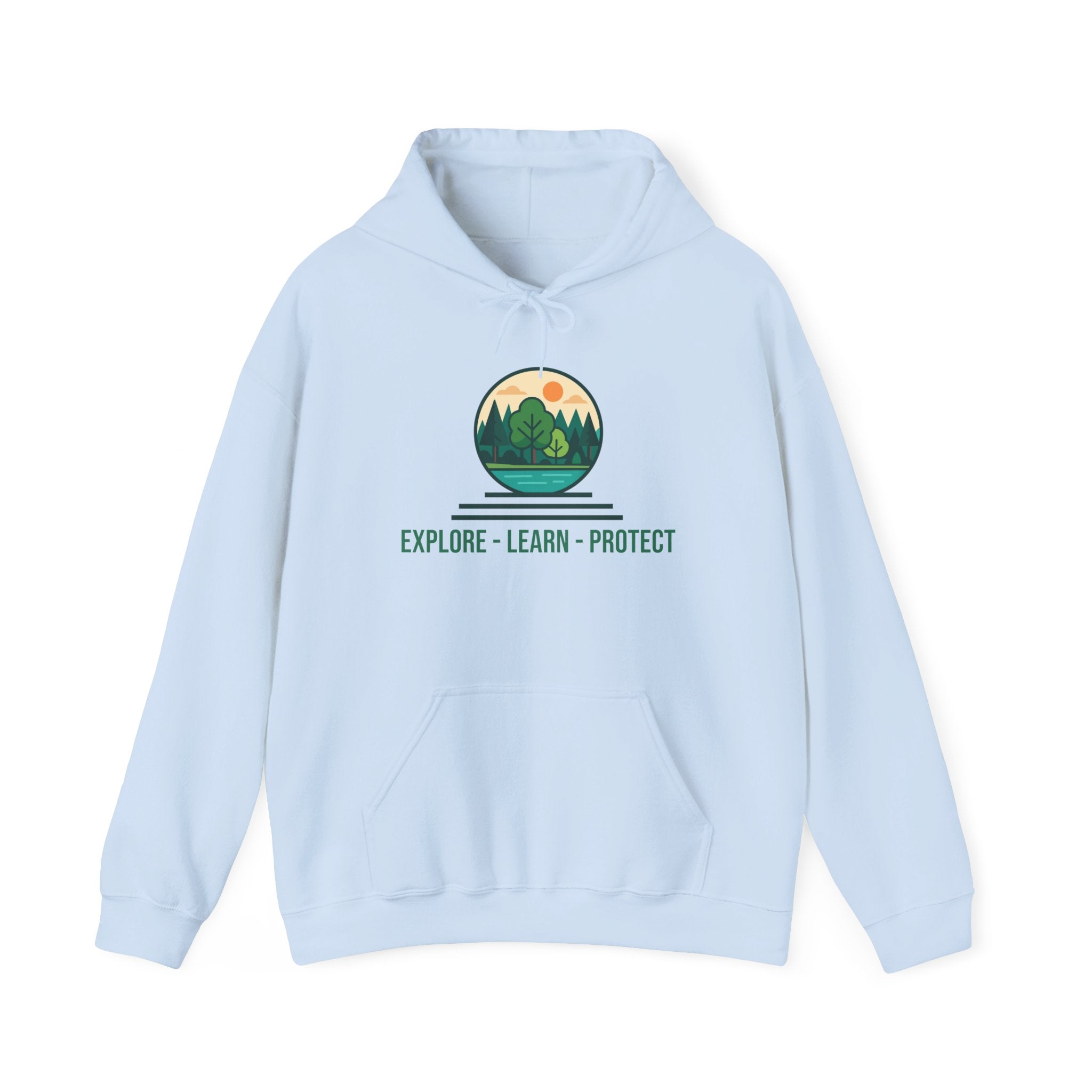 Explore Learn Protect hoodie | Mountain Nature Badge, Find Your Path back print