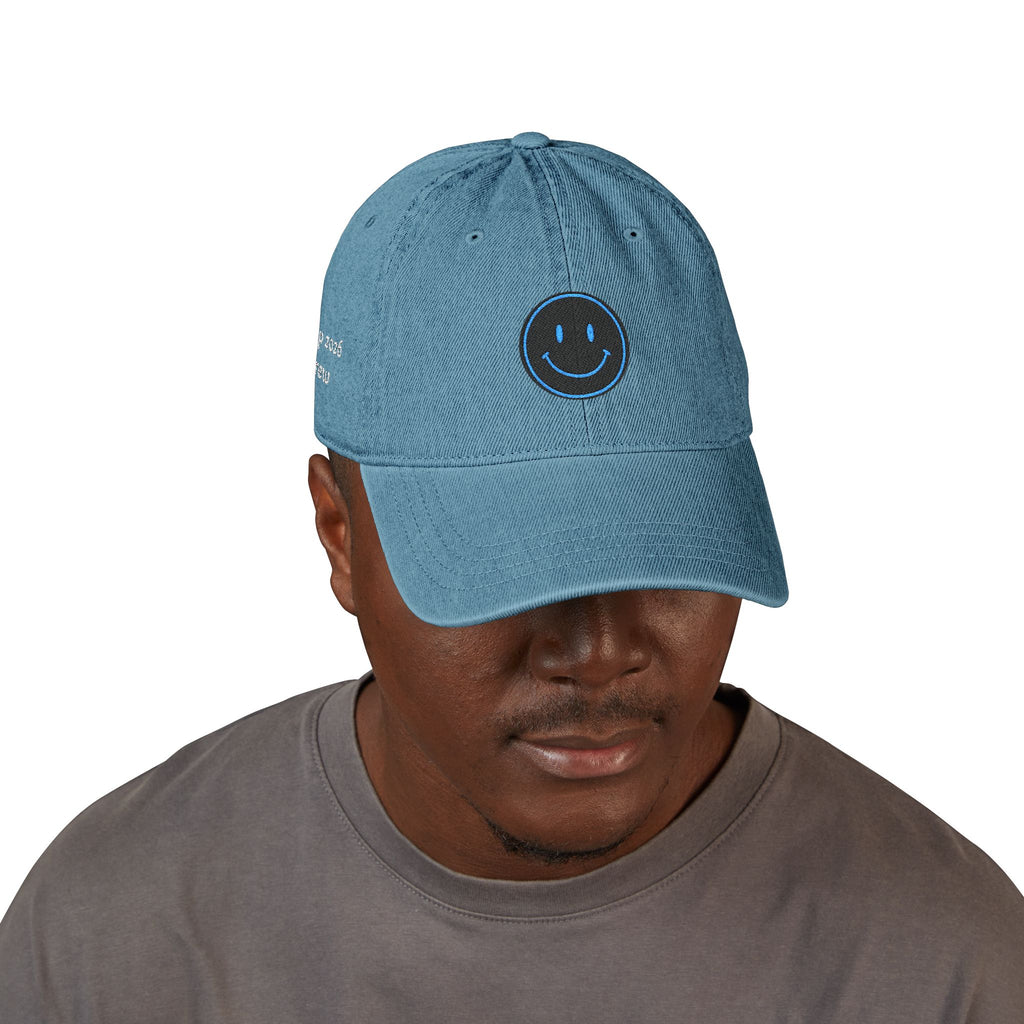 Blue Smiley Face Embroidered Hat | Denim Baseball Cap