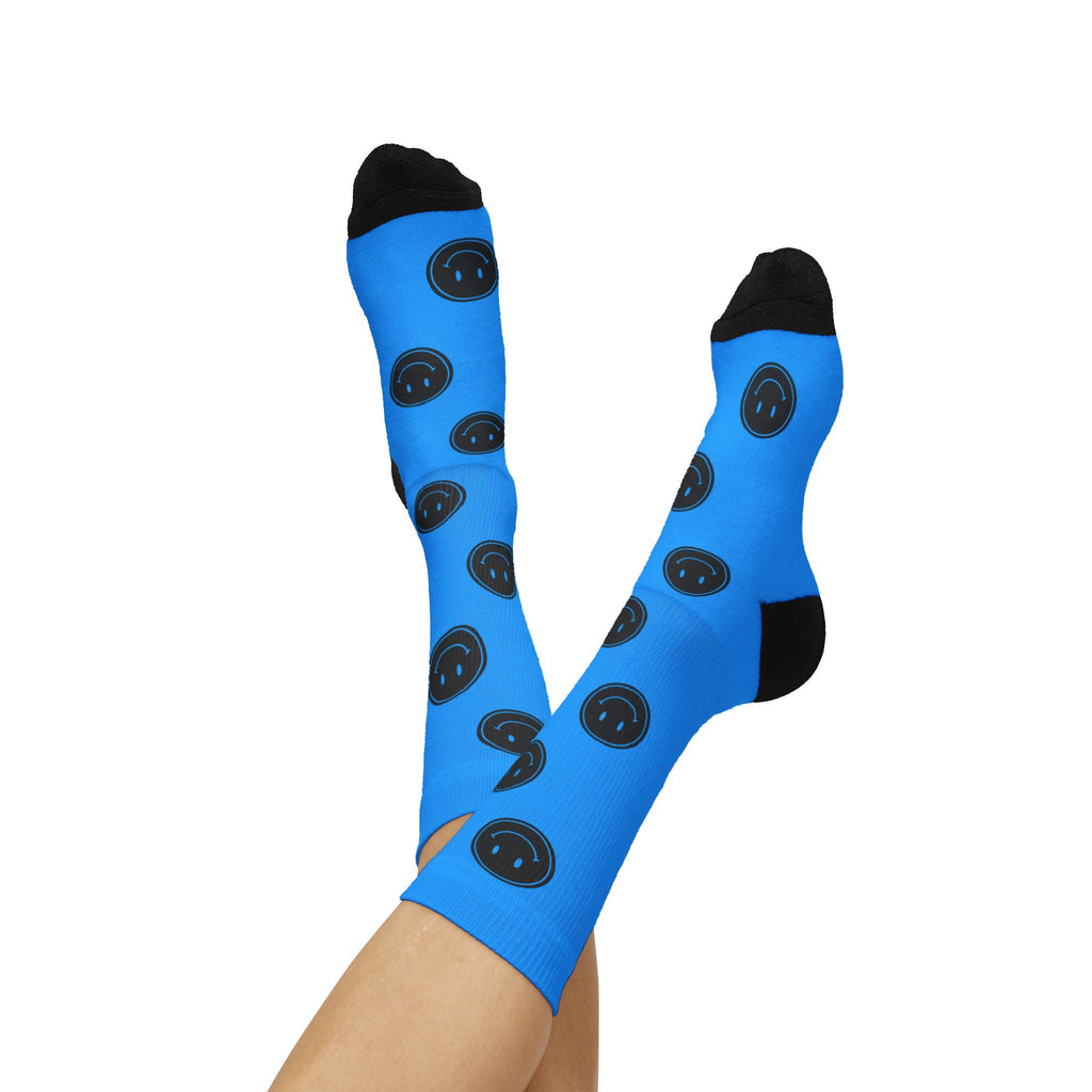 Black Smiley Face Pattern Socks | Blue Sublimation Socks