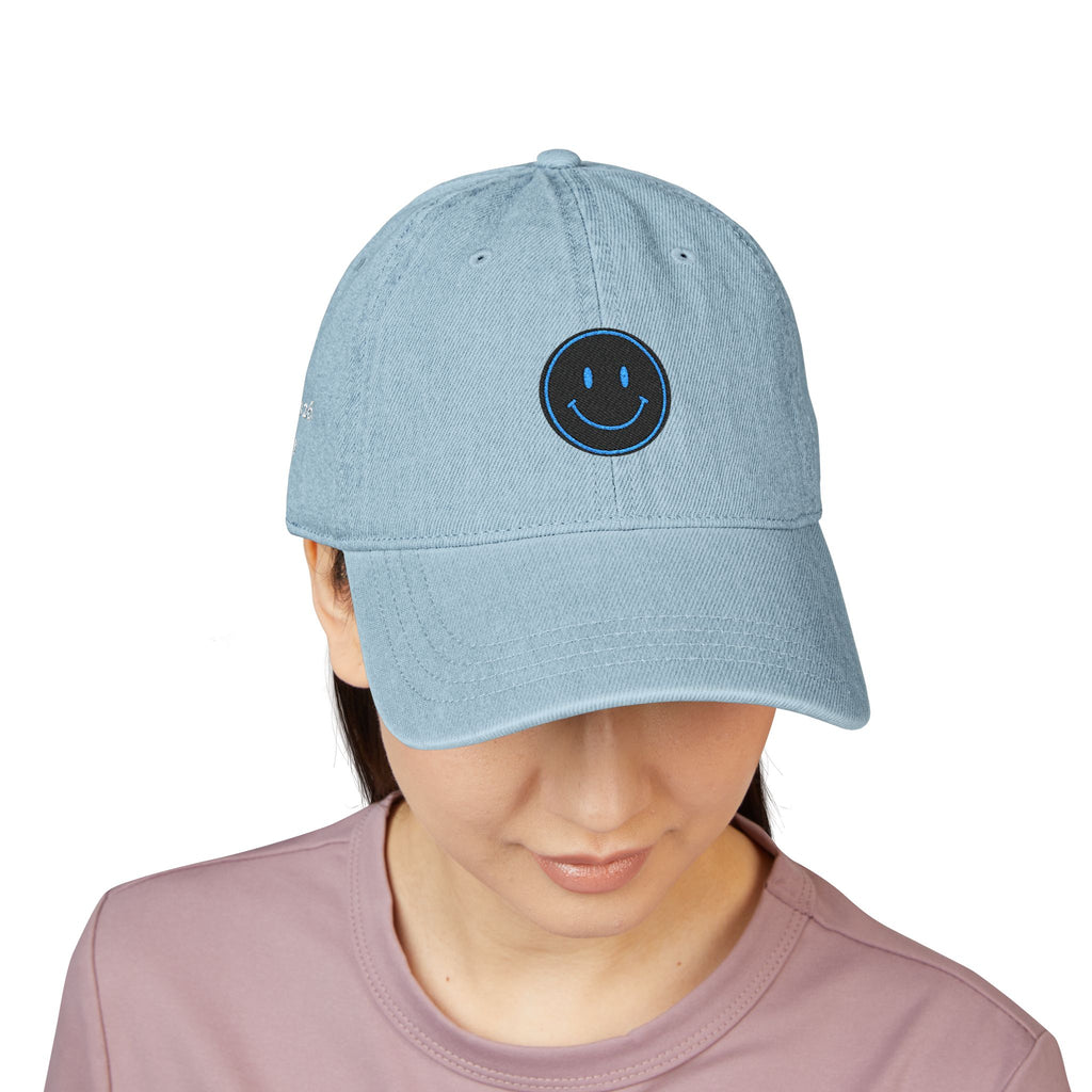 Blue Smiley Face Embroidered Hat | Denim Baseball Cap