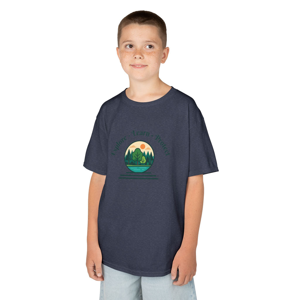Explore Learn Protect | Kids Tee | Mountain Globe, Find Your Path Smiley
