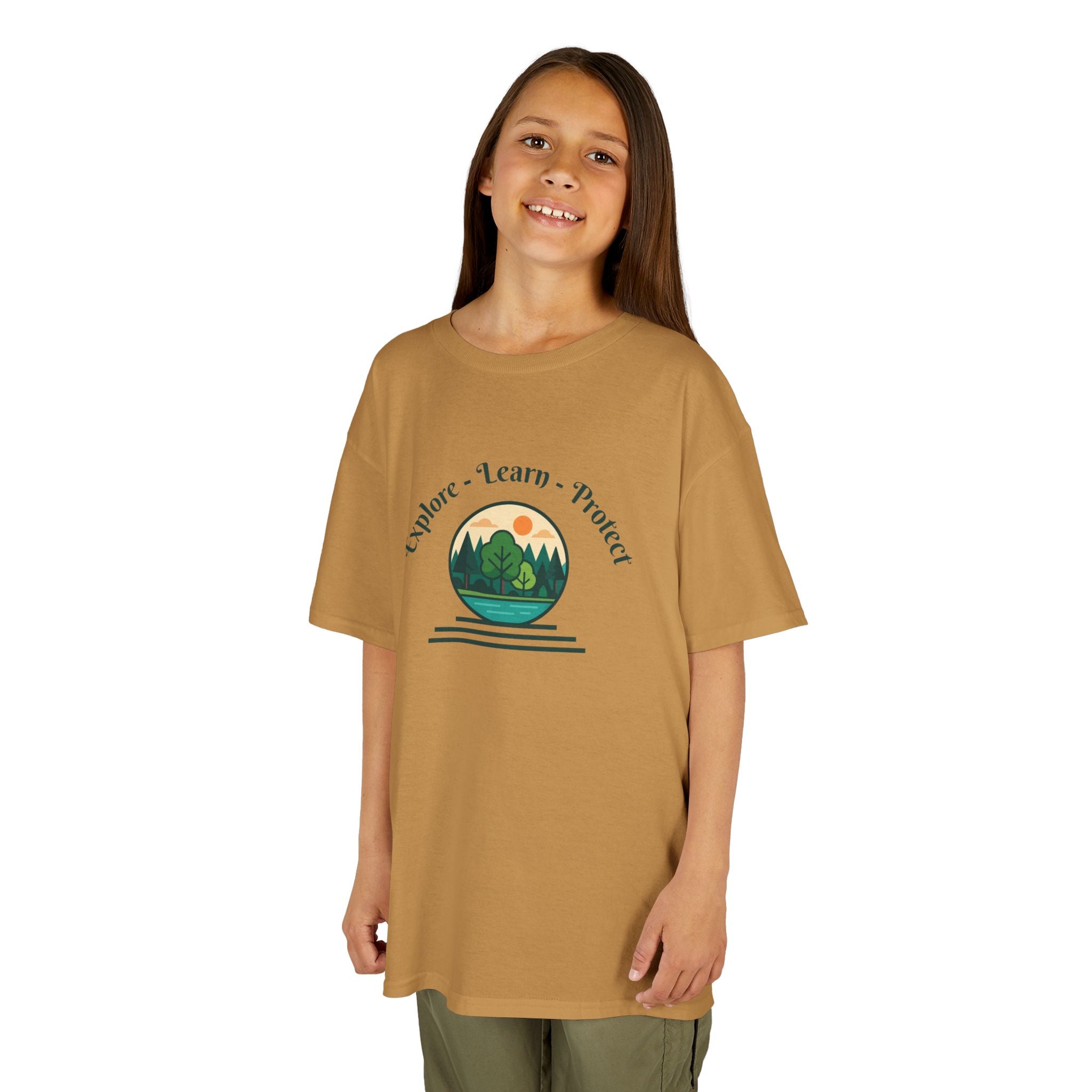 Explore Learn Protect | Kids Tee | Mountain Globe, Find Your Path Smiley