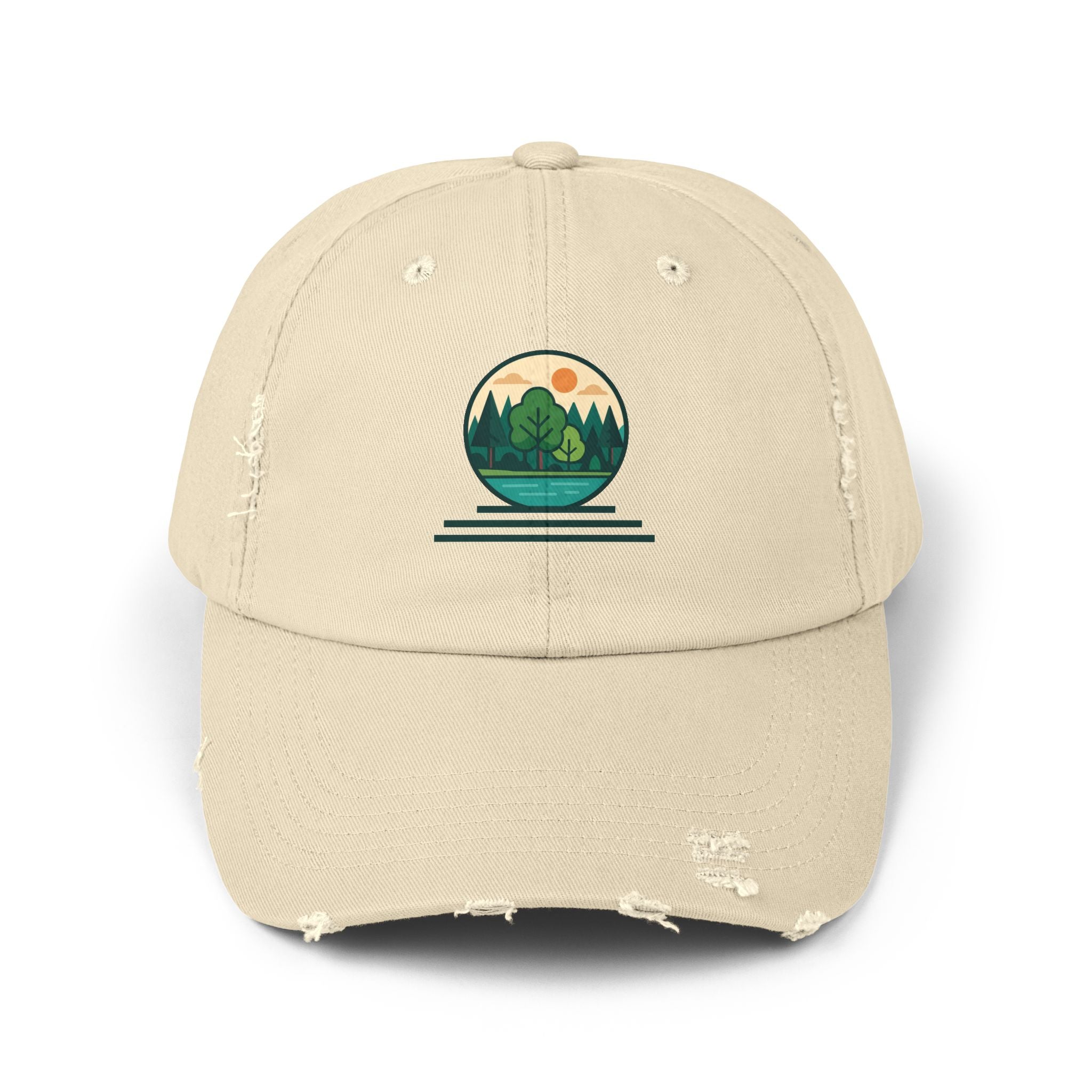 Mountain Forest Globe Cap | Distressed Hat, Nature Scenic Embroidery
