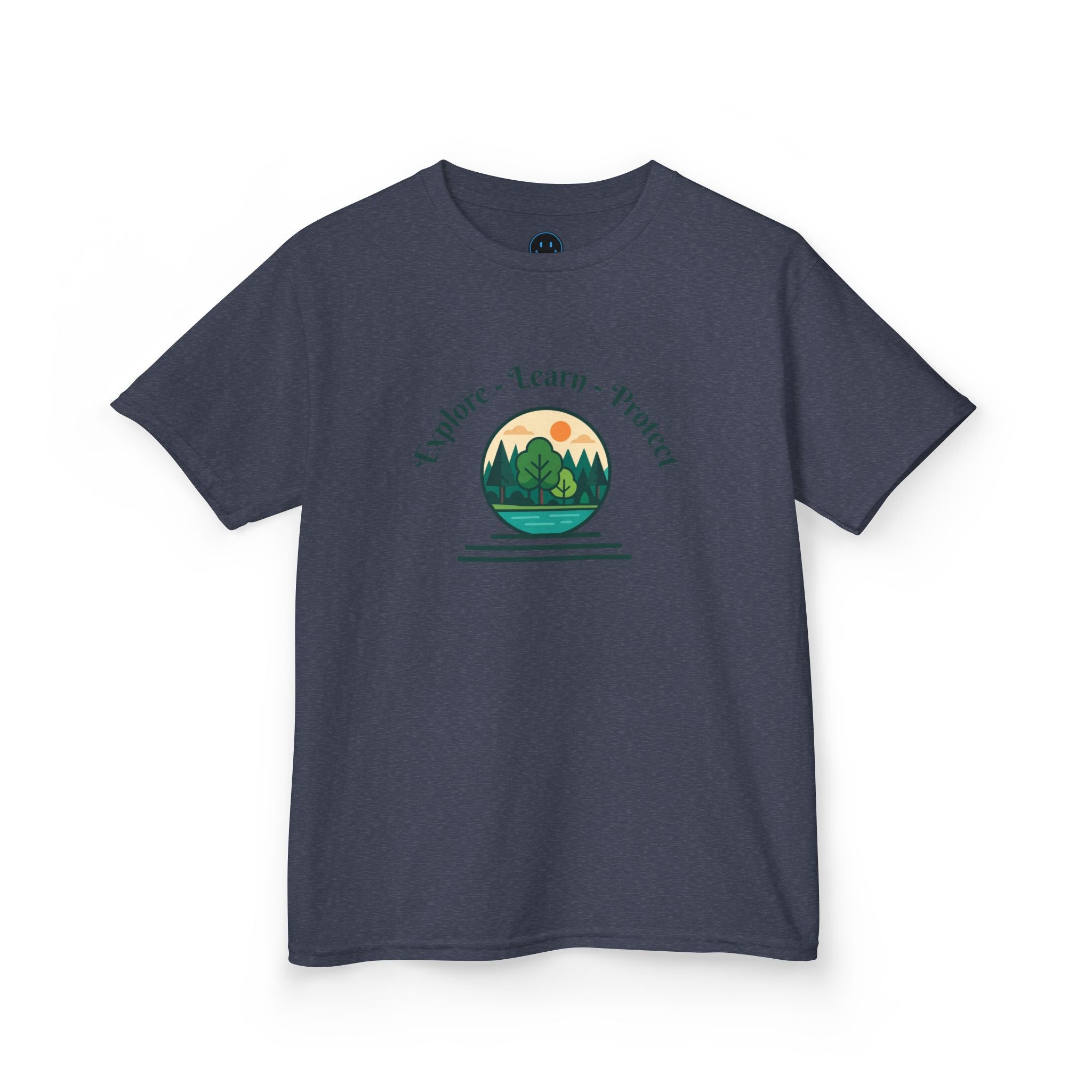 Explore Learn Protect | Kids Tee | Mountain Globe, Find Your Path Smiley