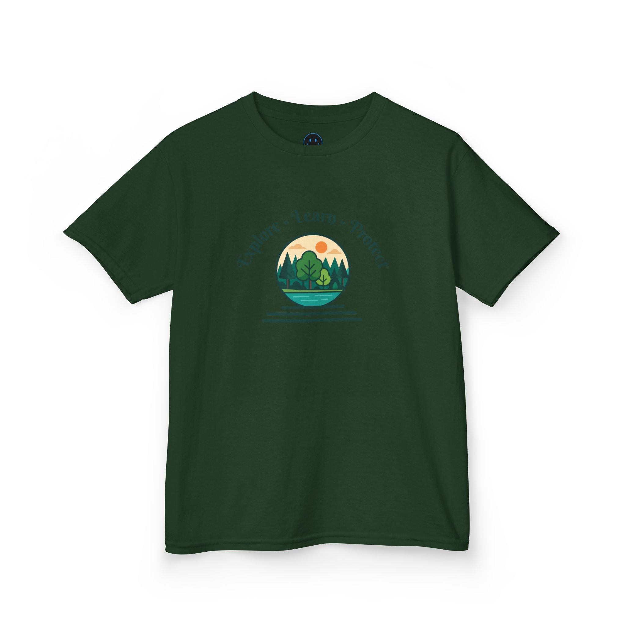 Explore Learn Protect | Kids Tee | Mountain Globe, Find Your Path Smiley