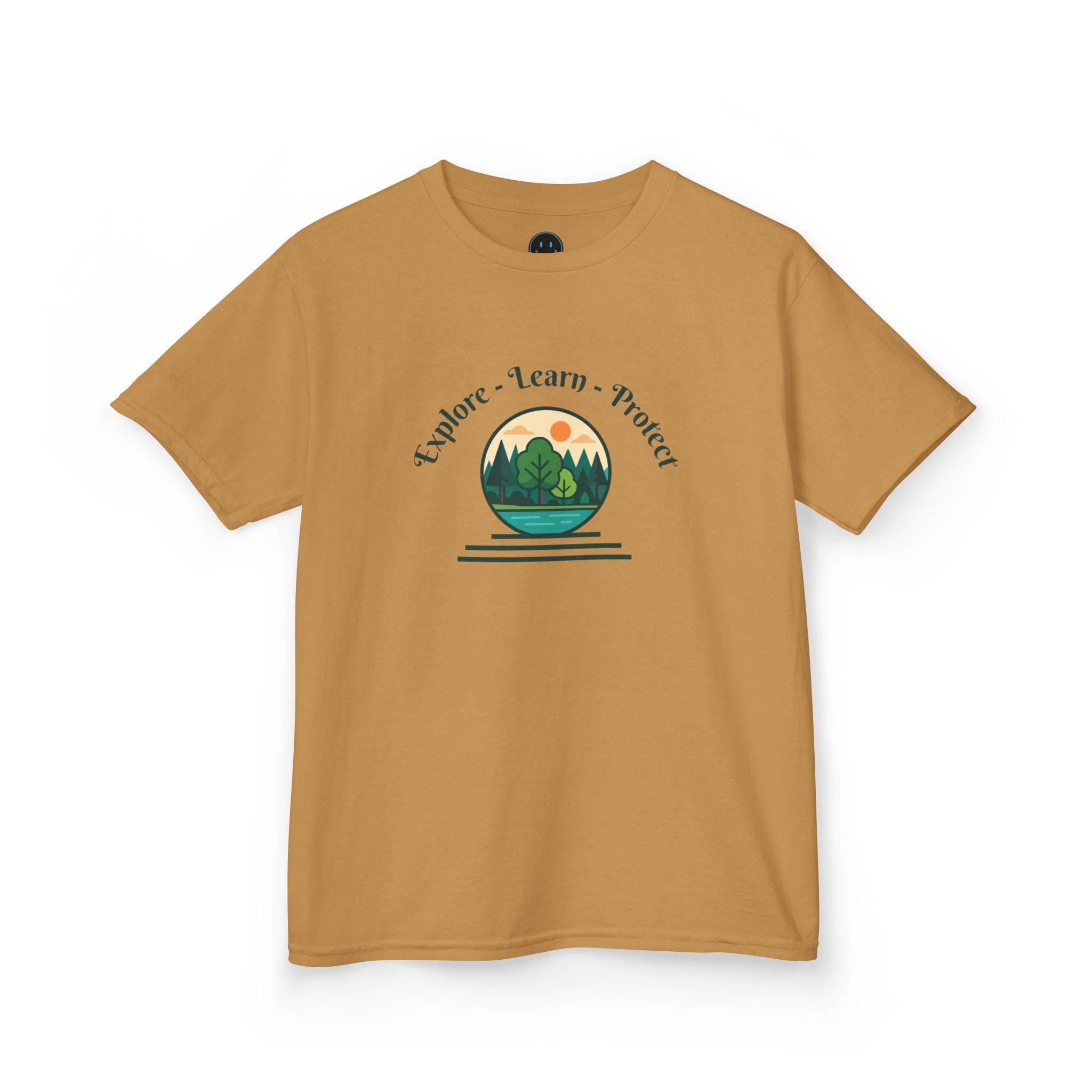 Explore Learn Protect | Kids Tee | Mountain Globe, Find Your Path Smiley