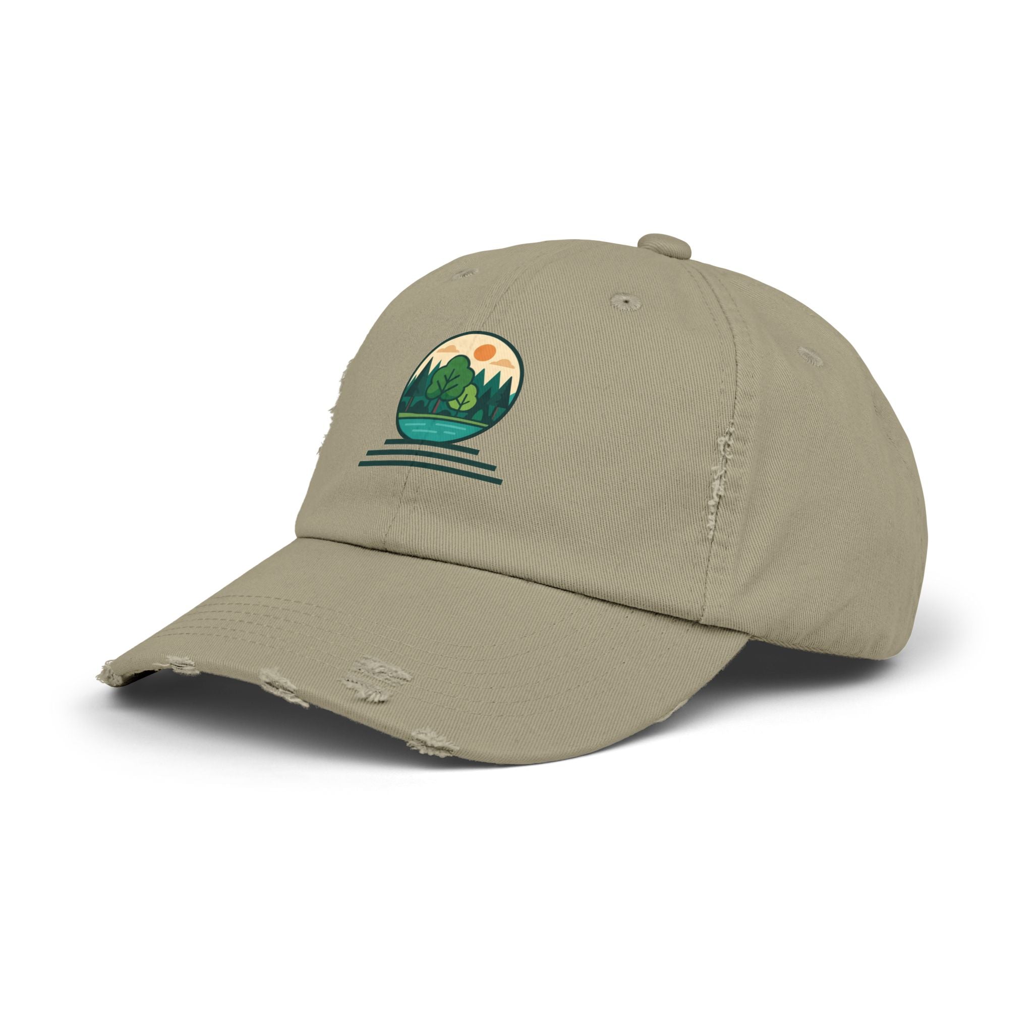 Mountain Forest Globe Cap | Distressed Hat, Nature Scenic Embroidery