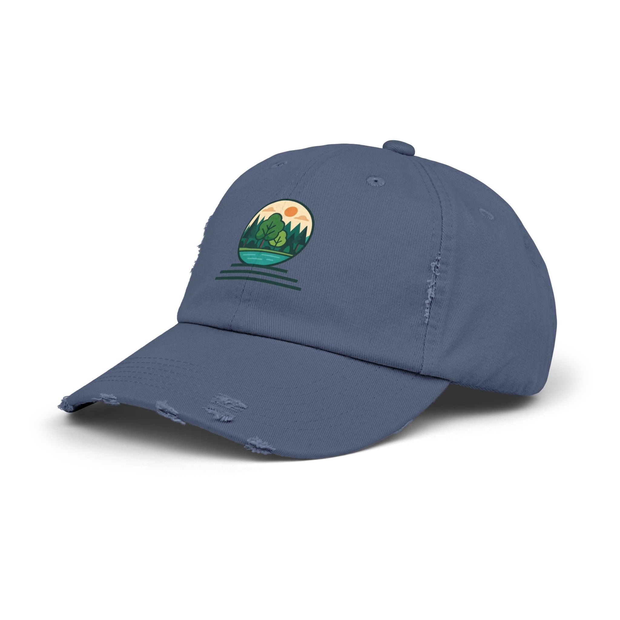 Mountain Forest Globe Cap | Distressed Hat, Nature Scenic Embroidery