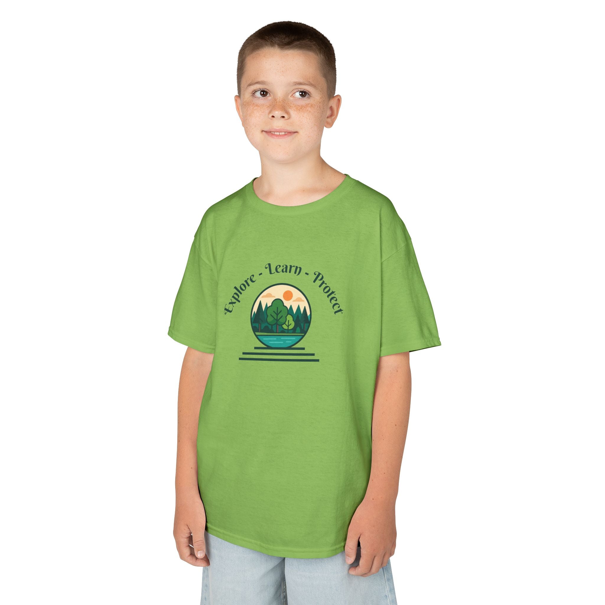 Explore Learn Protect | Kids Tee | Mountain Globe, Find Your Path Smiley