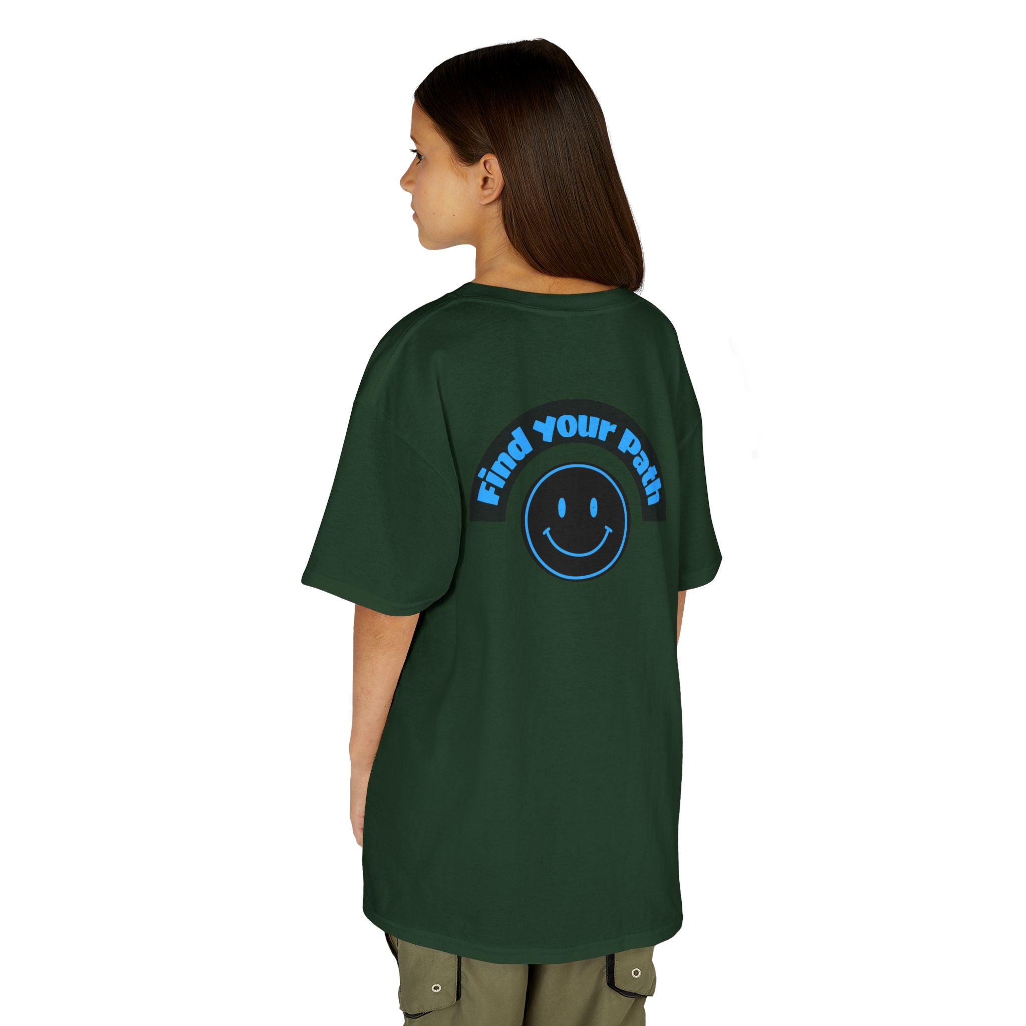 Explore Learn Protect | Kids Tee | Mountain Globe, Find Your Path Smiley