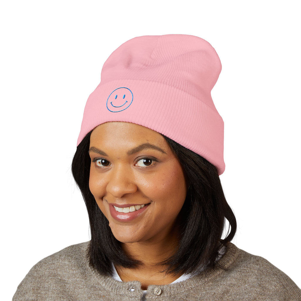 Blue Smiley Face Embroidered Beanie | Cuffed Beanie