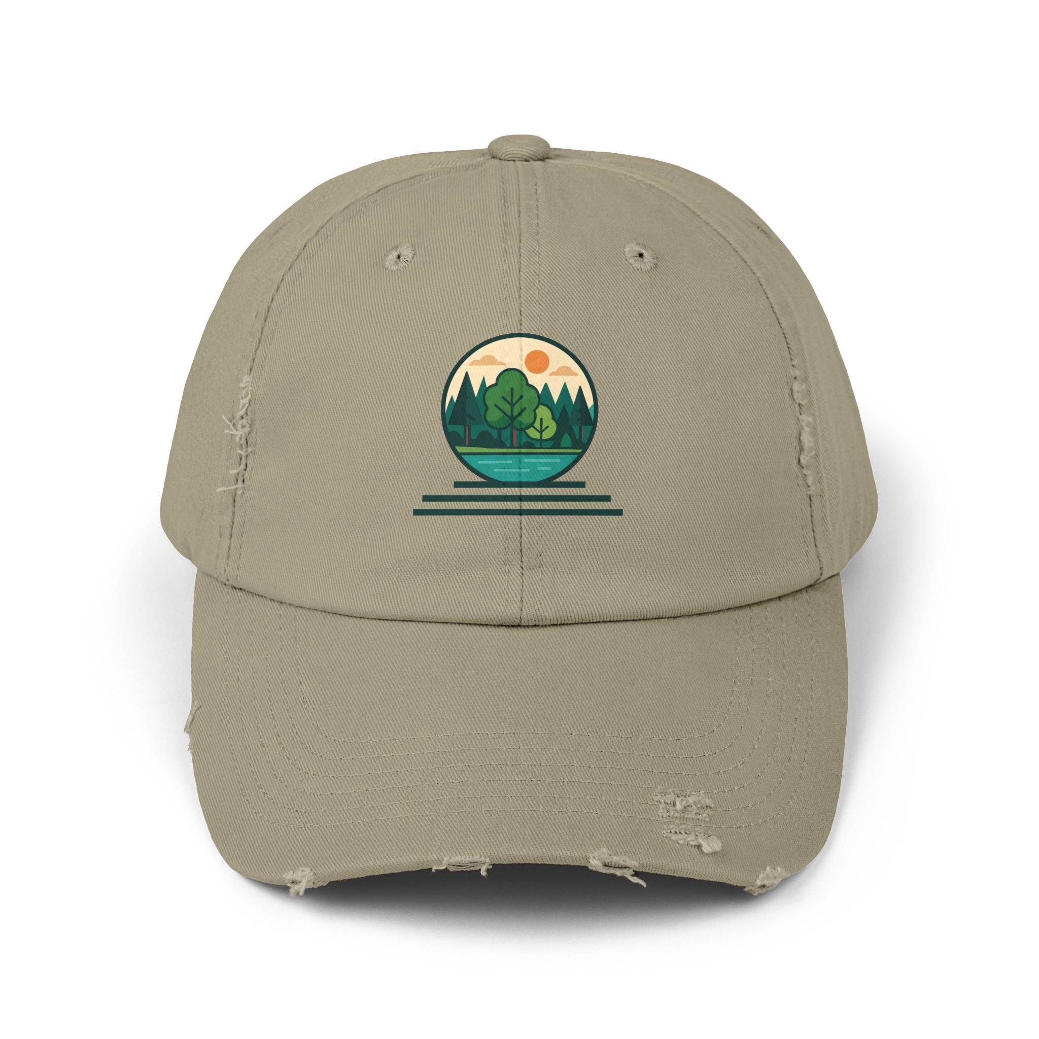 Mountain Forest Globe Cap | Distressed Hat, Nature Scenic Embroidery