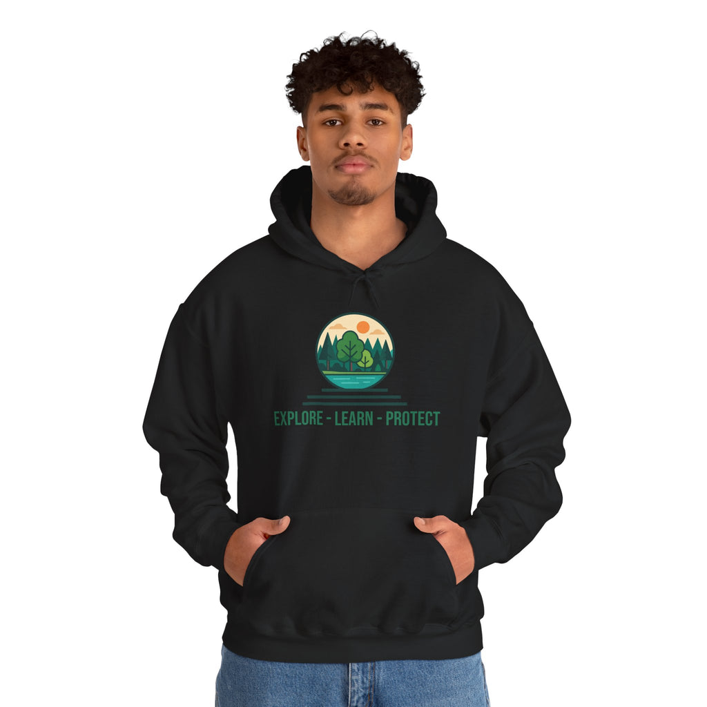 Explore Learn Protect hoodie | Mountain Nature Badge, Find Your Path back print
