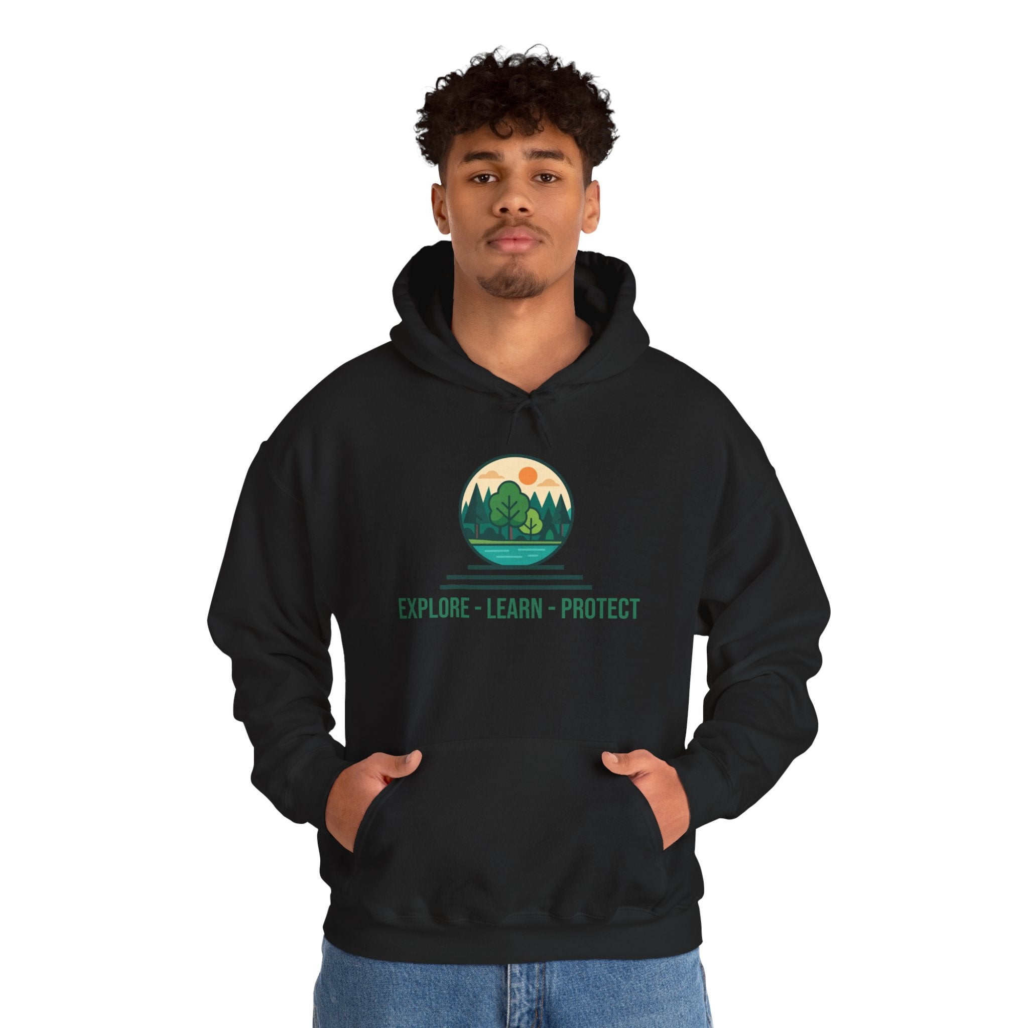 Explore Learn Protect hoodie | Mountain Nature Badge, Find Your Path back print