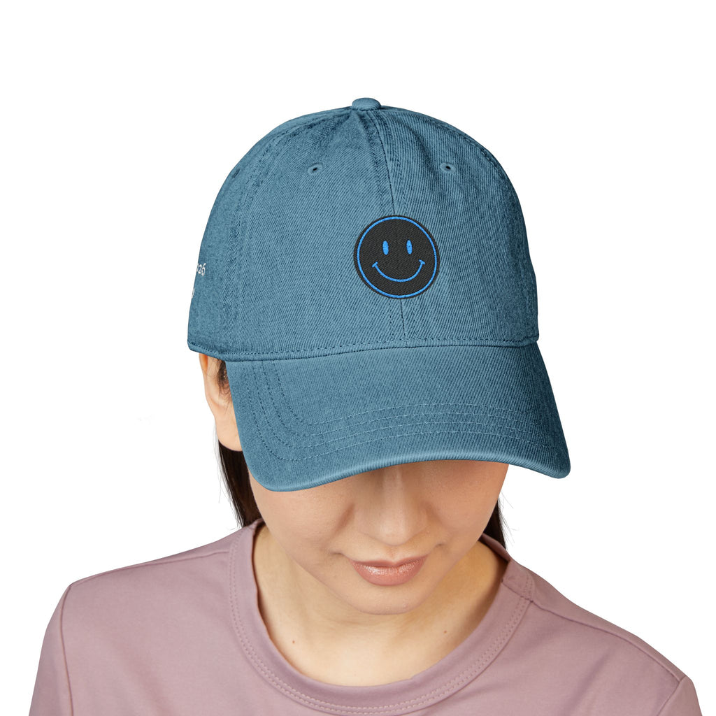 Blue Smiley Face Embroidered Hat | Denim Baseball Cap
