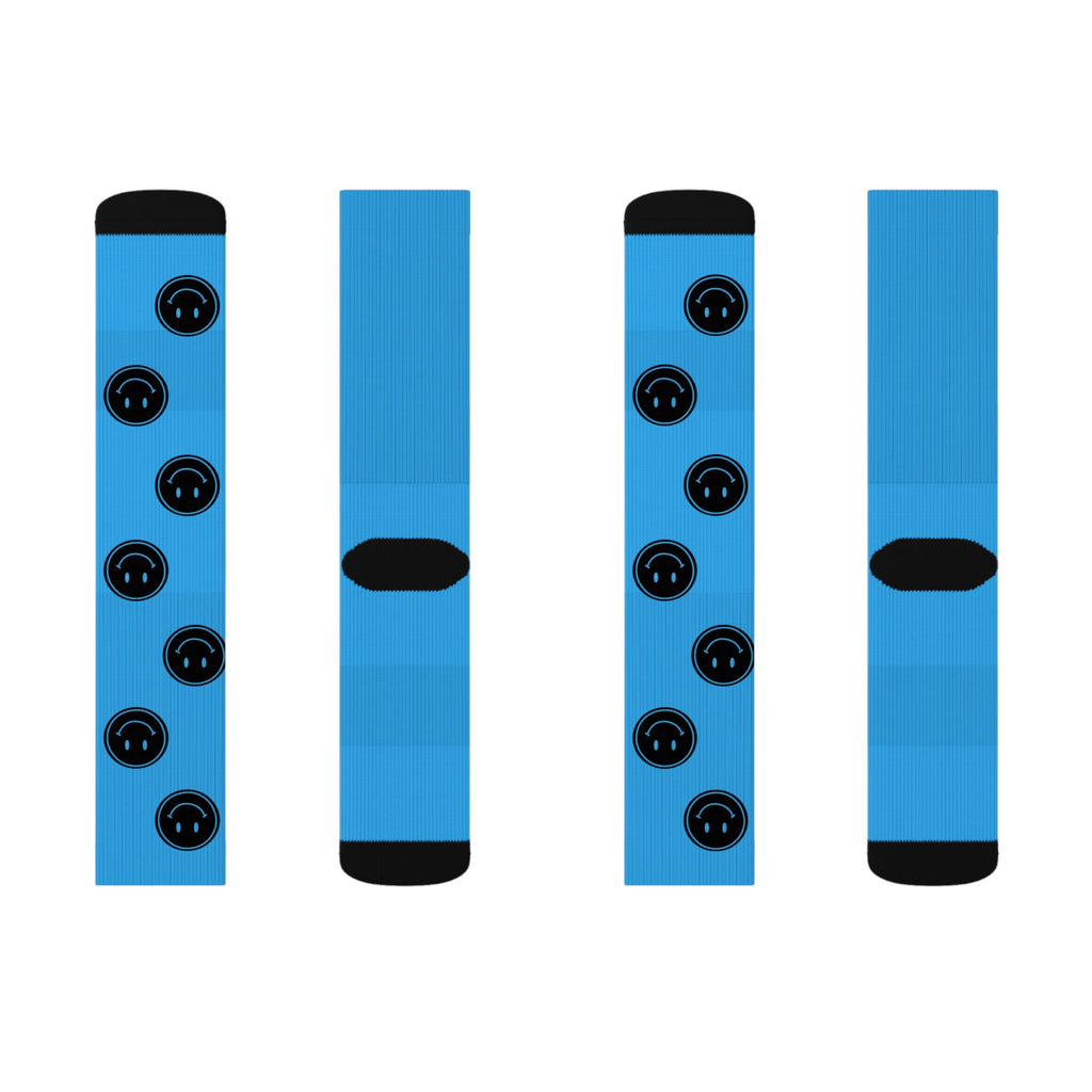 Black Smiley Face Pattern Socks | Blue Sublimation Socks