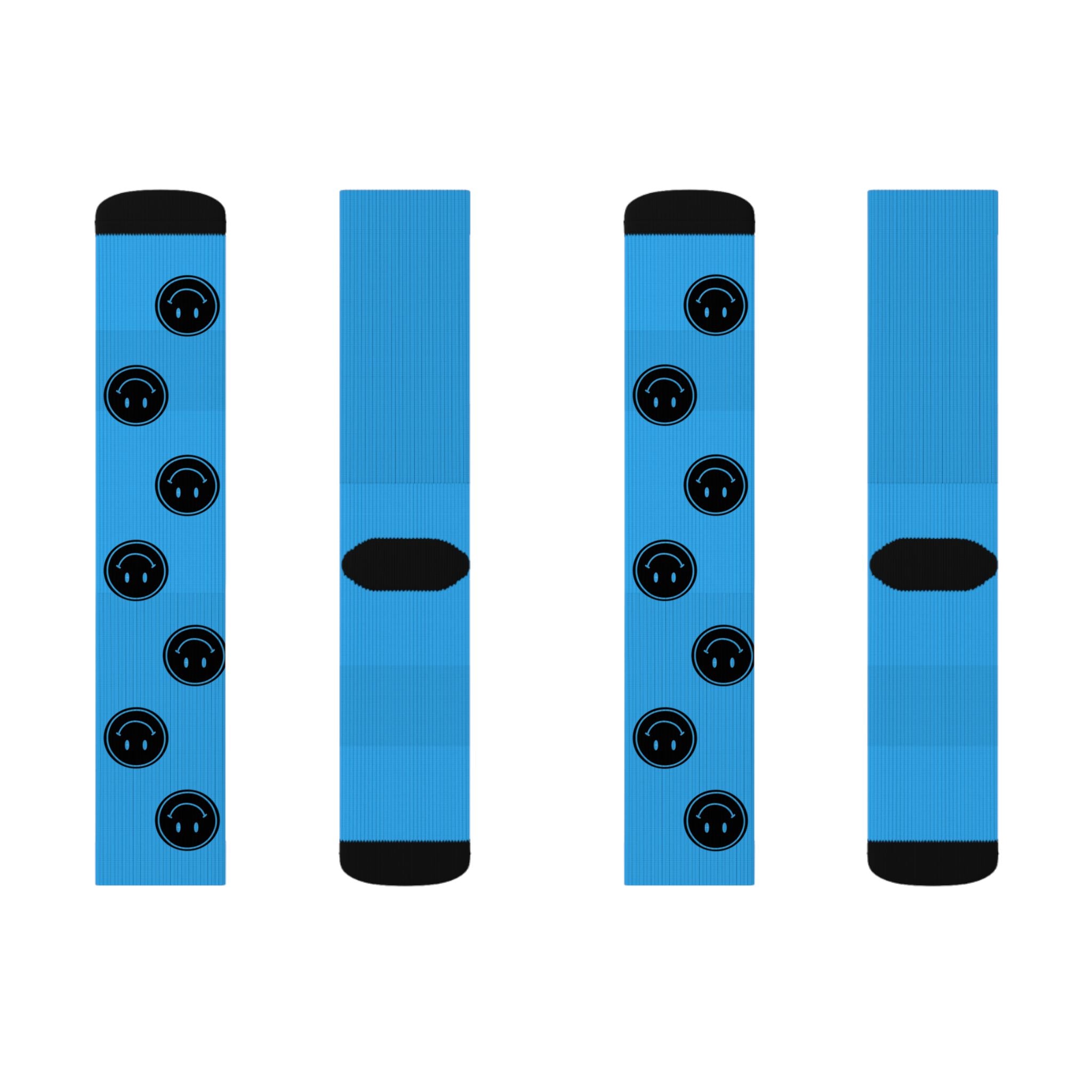 Black Smiley Face Pattern Socks | Blue Sublimation Socks