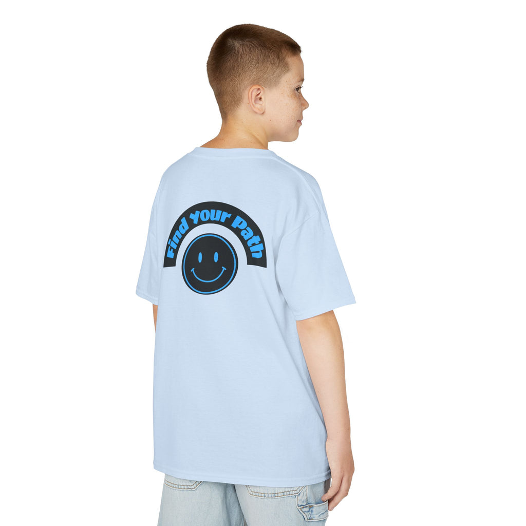 Explore Learn Protect | Kids Tee | Mountain Globe, Find Your Path Smiley