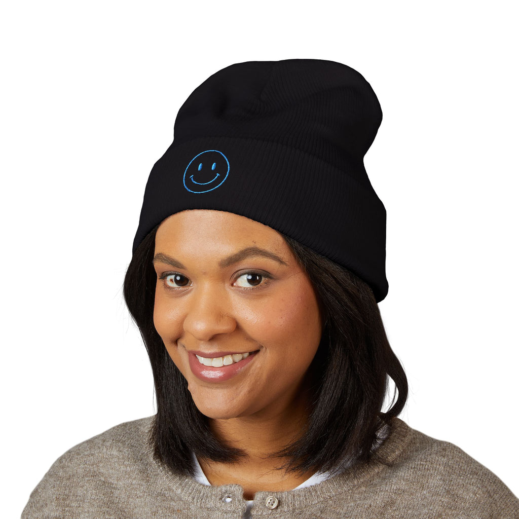 Blue Smiley Face Embroidered Beanie | Cuffed Beanie