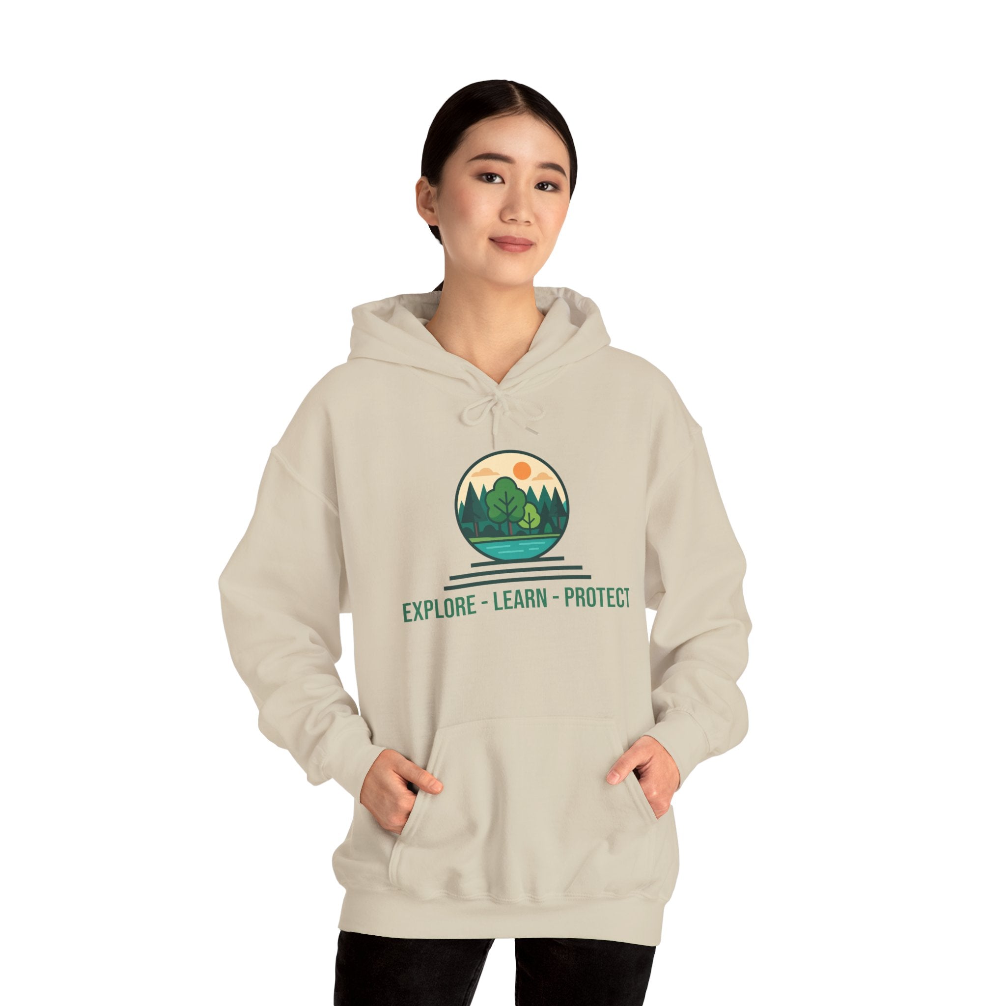 Explore Learn Protect hoodie | Mountain Nature Badge, Find Your Path back print