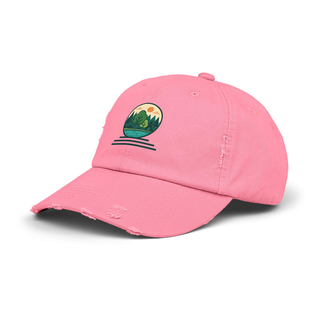 Mountain Forest Globe Cap | Distressed Hat, Nature Scenic Embroidery
