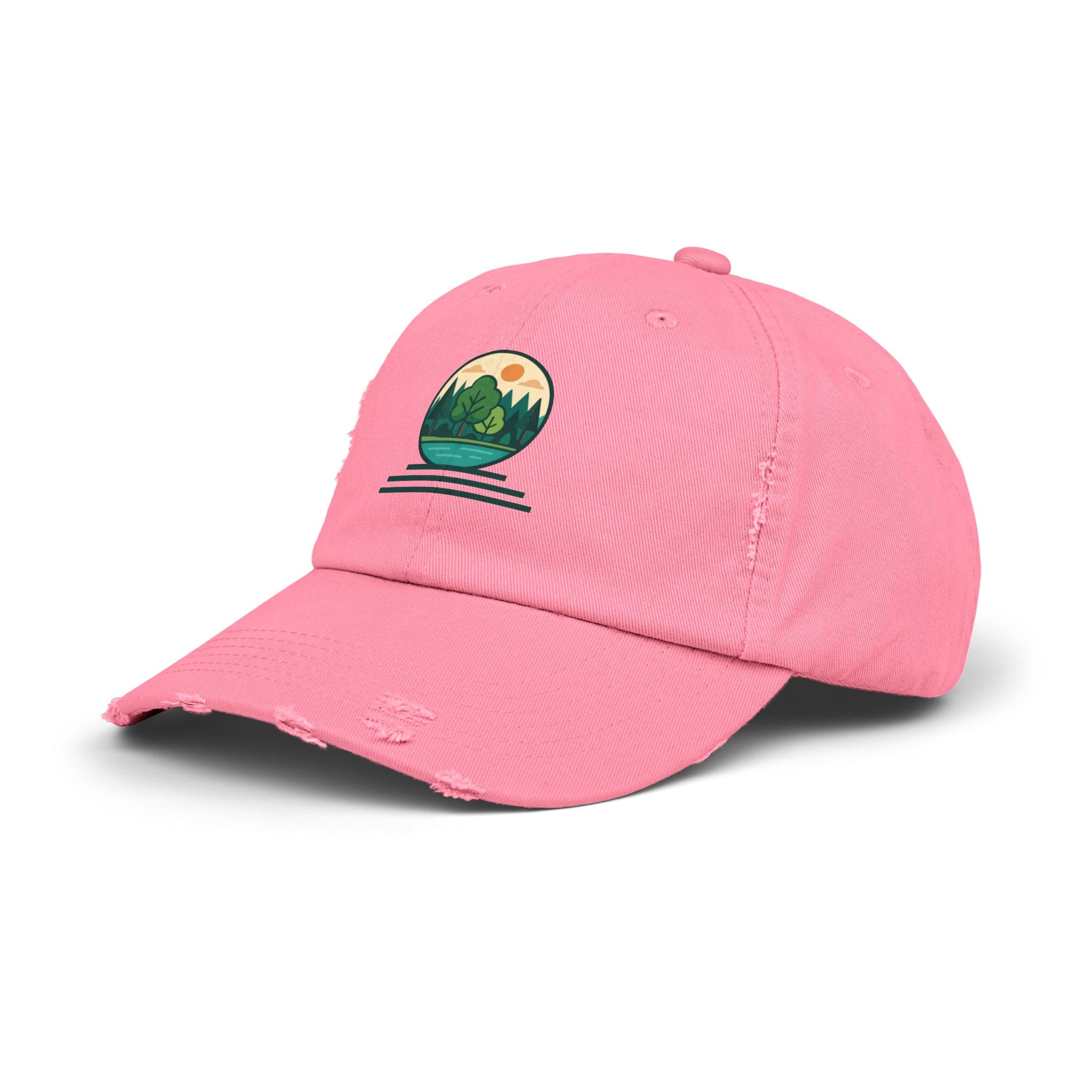 Mountain Forest Globe Cap | Distressed Hat, Nature Scenic Embroidery