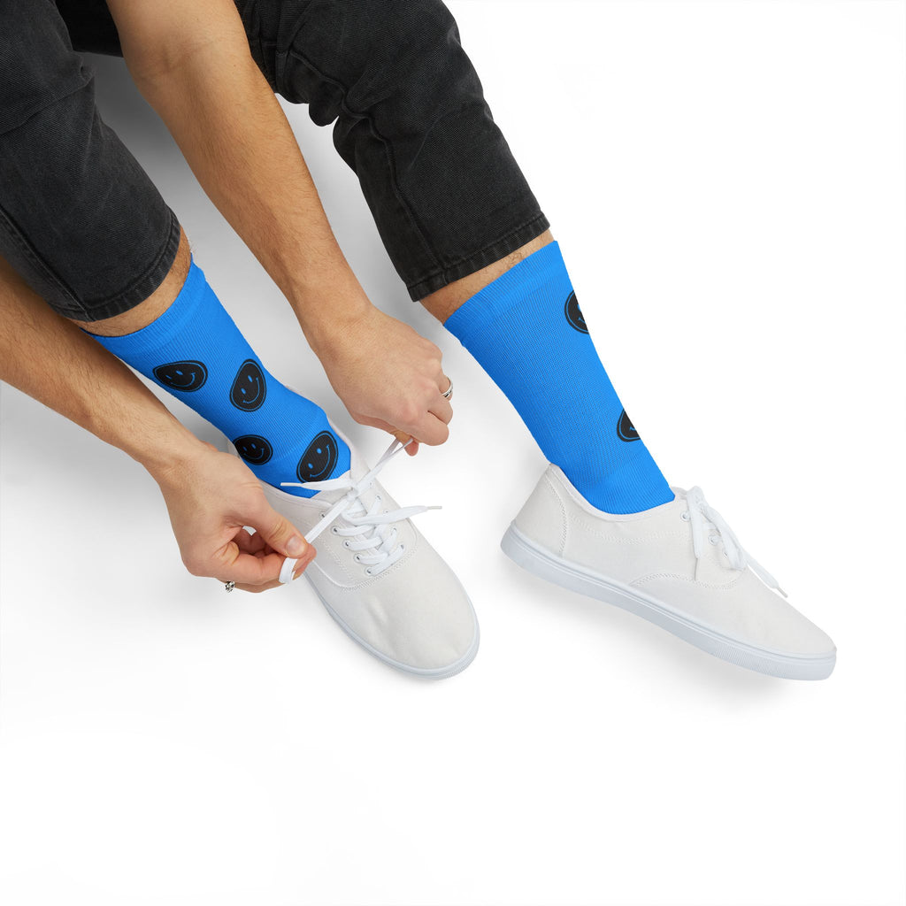 Black Smiley Face Pattern Socks | Blue Sublimation Socks