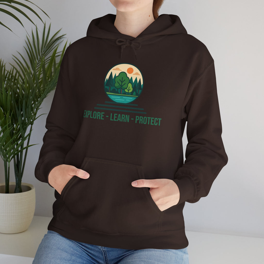 Explore Learn Protect hoodie | Mountain Nature Badge, Find Your Path back print