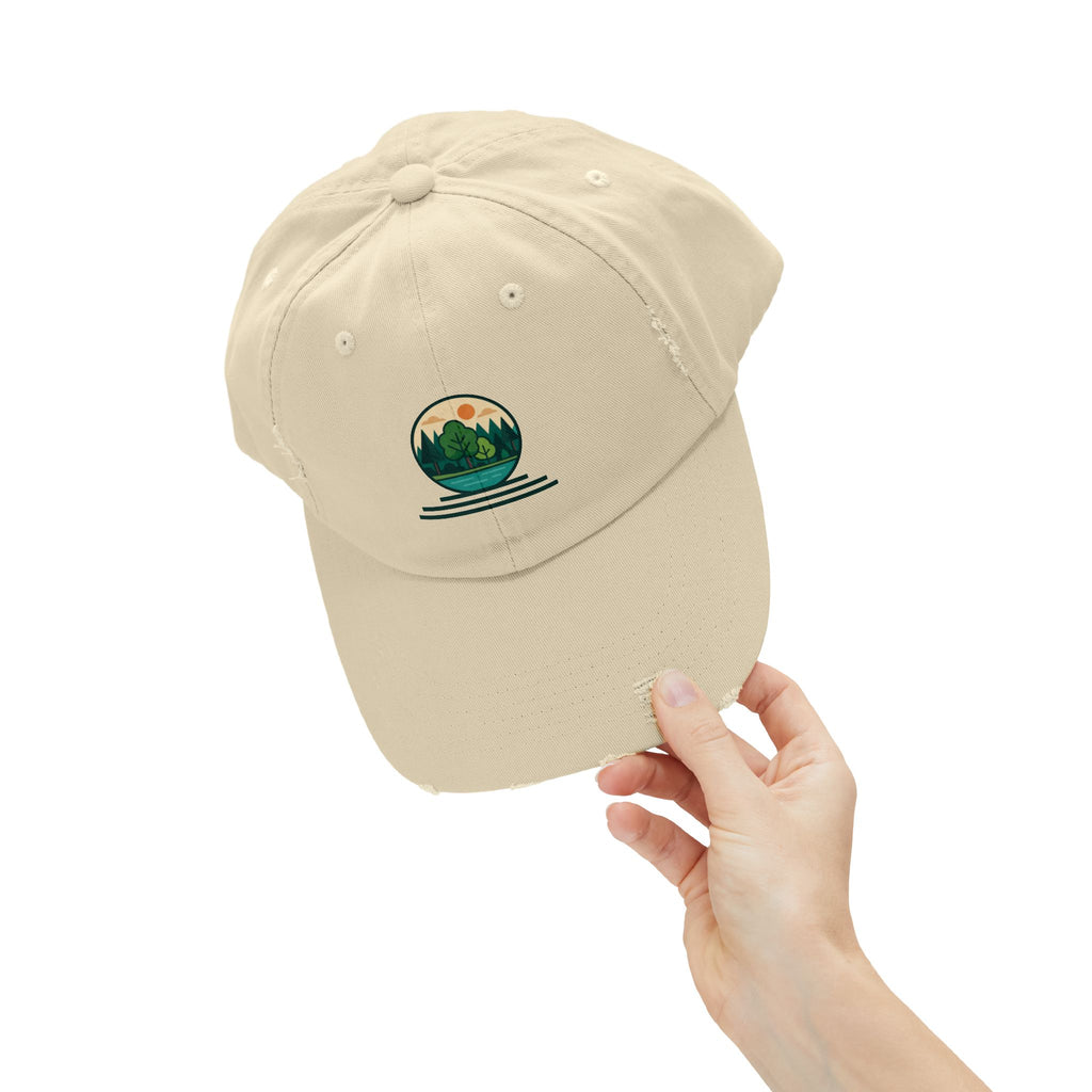 Mountain Forest Globe Cap | Distressed Hat, Nature Scenic Embroidery