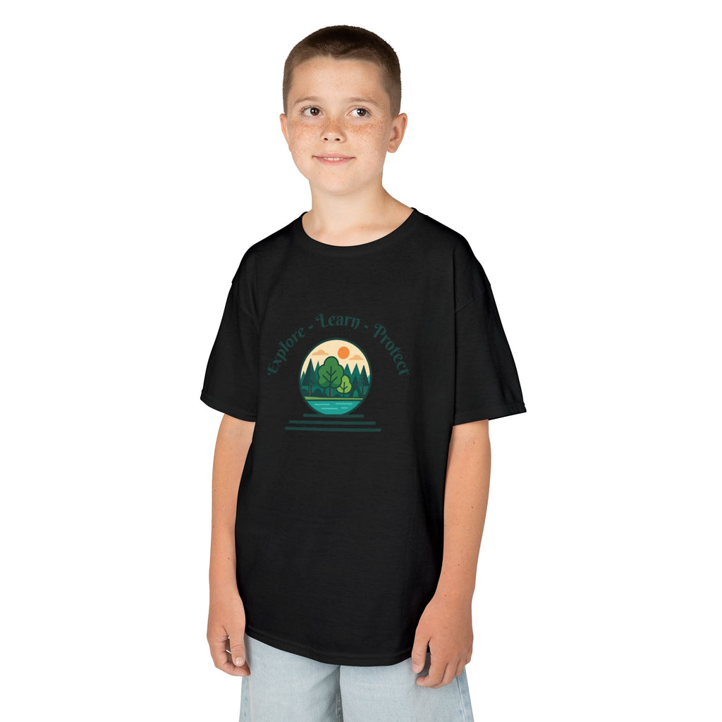 Explore Learn Protect | Kids Tee | Mountain Globe, Find Your Path Smiley