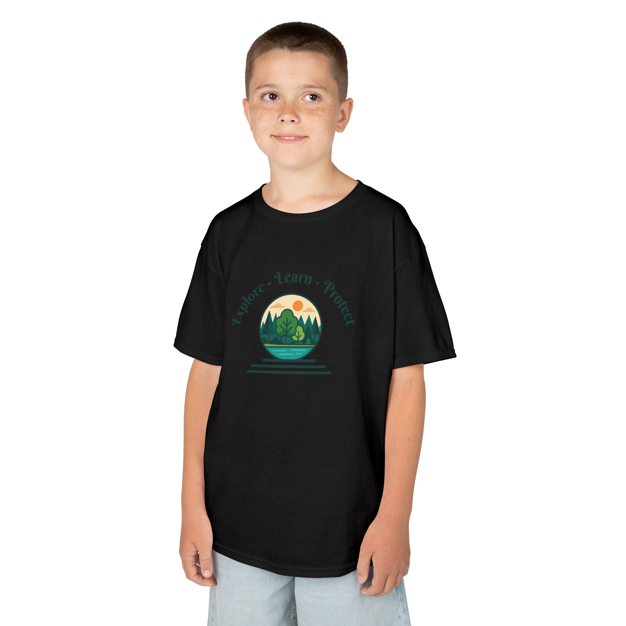 Explore Learn Protect | Kids Tee | Mountain Globe, Find Your Path Smiley